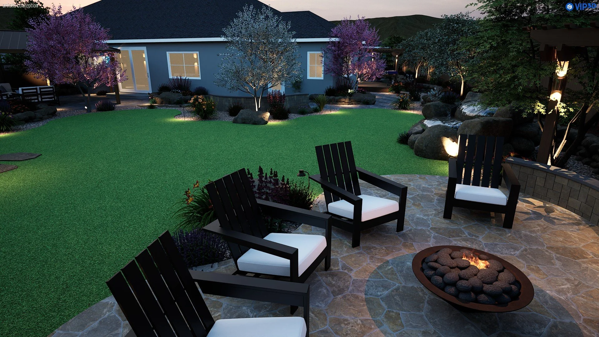 Backyard 3D design with low-maintenance planting, rock, boulders, and family-friendly lawn space. 