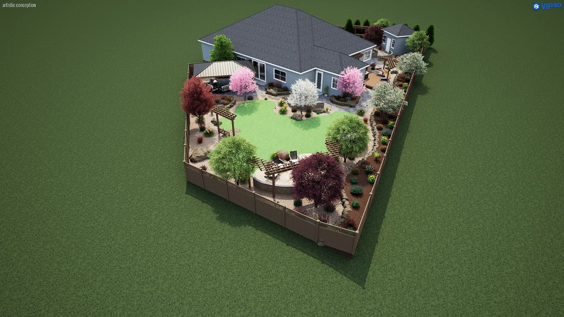 3D outdoor living design with fire pit seating, patio space, pergola, and modern landscape layout.