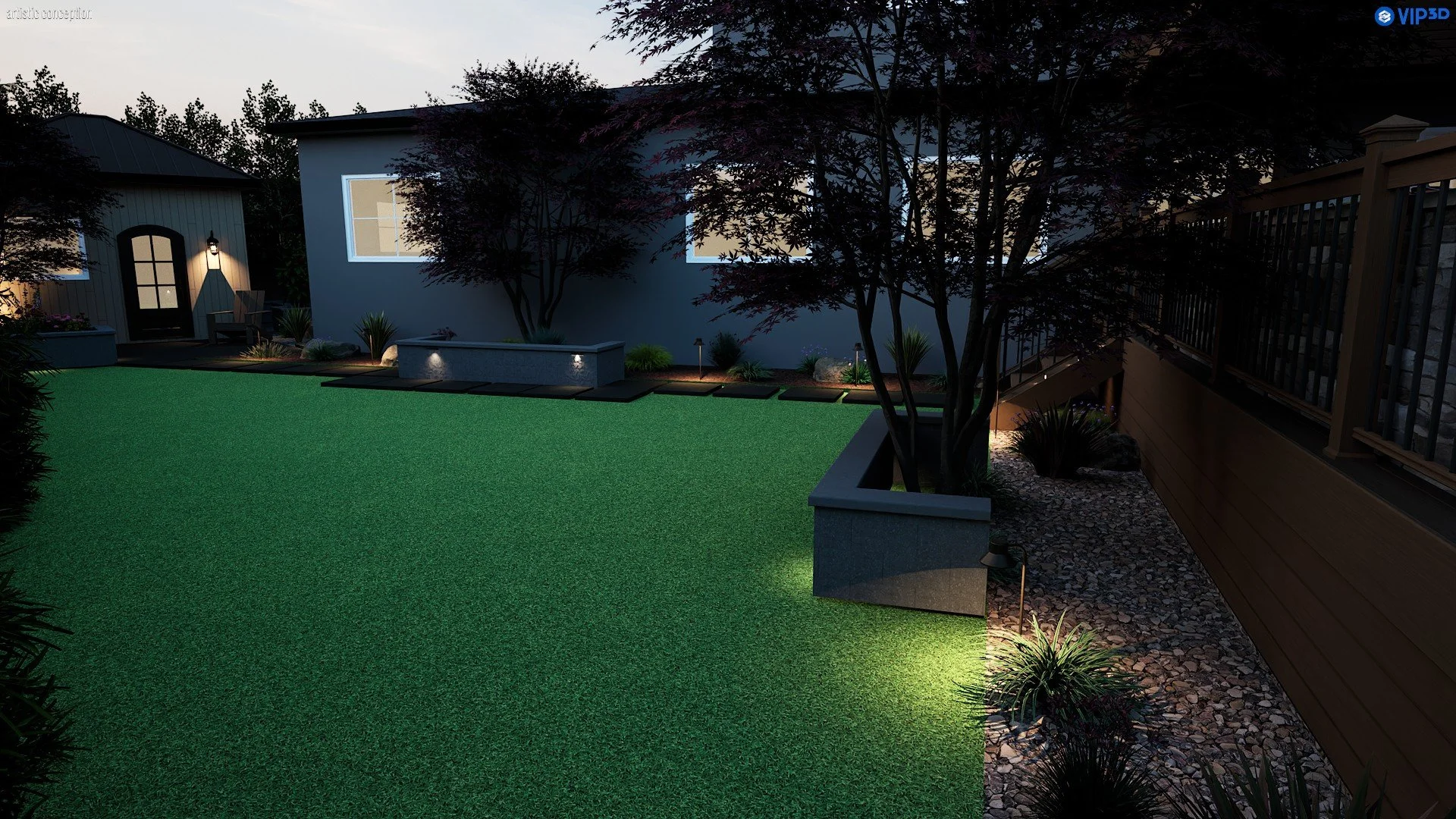 A backyard featuring artificial grass and a circular object, creating a modern outdoor space for relaxation and play.