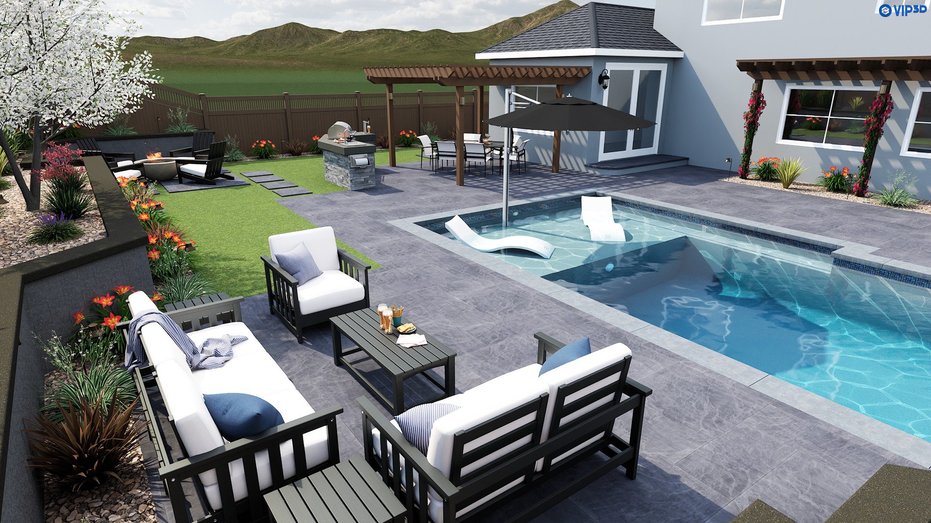 3D pool design in Livermore, CA with patio seating, pergola, and outdoor living space. 