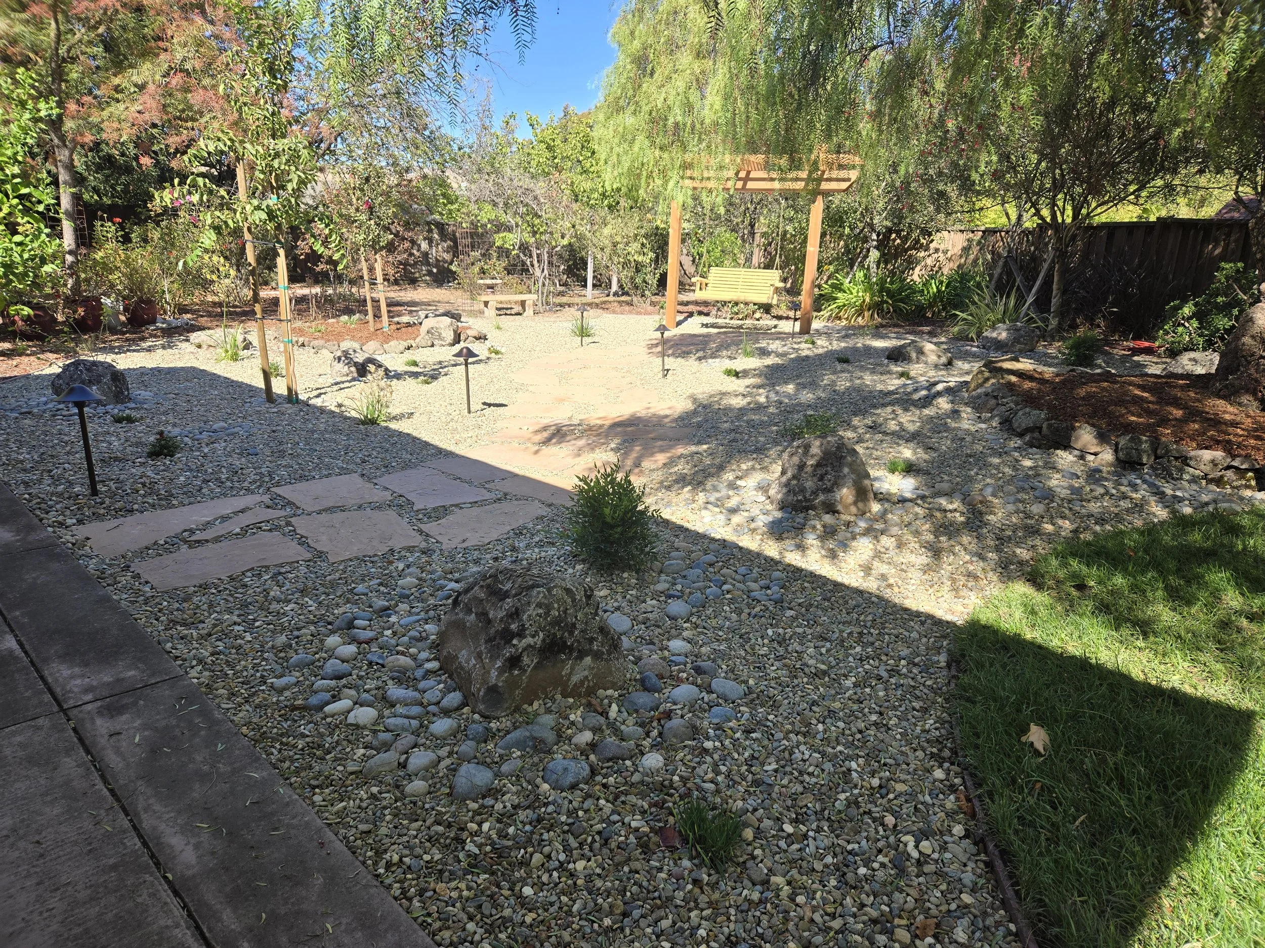 A backyard garden with a stone pathway, rocks, small plants, and a wooden swing under a pergola, surrounded by trees and bushes, with a clear blue sky overhead.