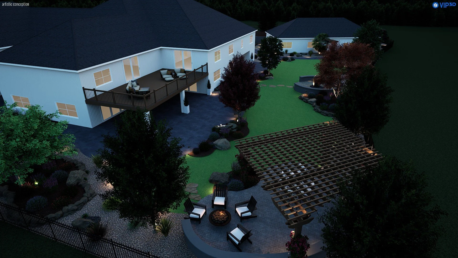 3D landscape rendering showing a spacious estate yard with patio areas, raised planters, and synthetic turf. 