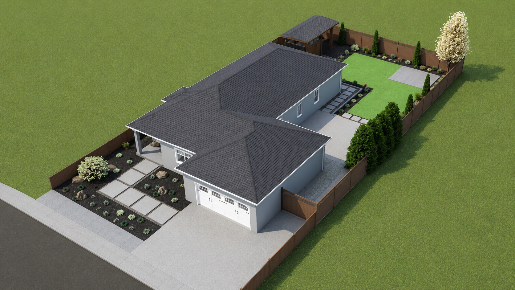 A modern backyard with a house featuring gray roofing, landscaped garden beds with rocks and plants, a paved walkway, a large grassy area, and a fenced perimeter with trees and shrubs.