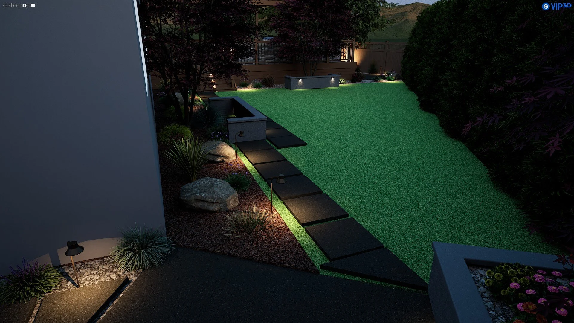 Nighttime 3D landscape rendering with deck, synthetic turf, planting, and landscape lighting