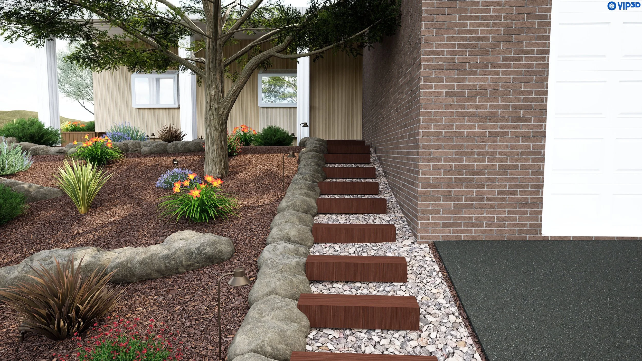 A landscaped backyard garden area with a tree, flowers, and stone borders, adjacent to a building with brick and soffit siding.
