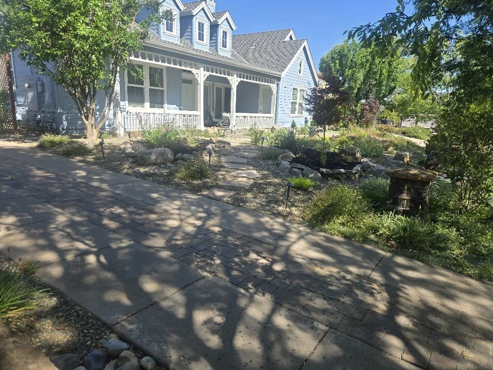 A house with a blue exterior, white trim, and a front porch, surrounded by a landscaped yard with trees, plants, rocks, and a stone pathway. Shadows from trees are cast on the pathway.