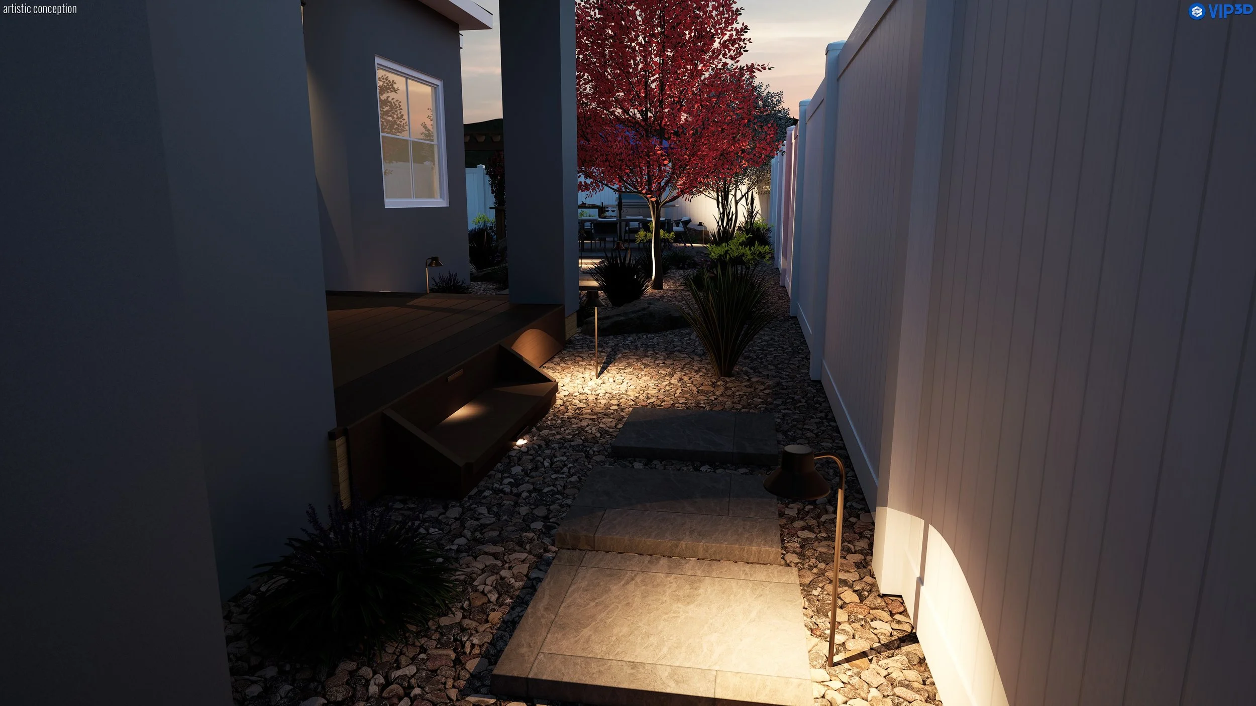 A cozy backyard scene during dusk with a red-leafed tree, outdoor seating, and garden lighting on a stone pathway.