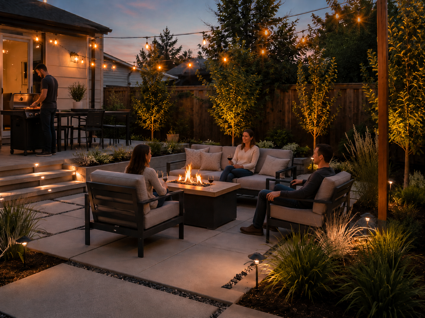 People sitting around a fire pit in an outdoor backyard at sunset, with string lights and trees