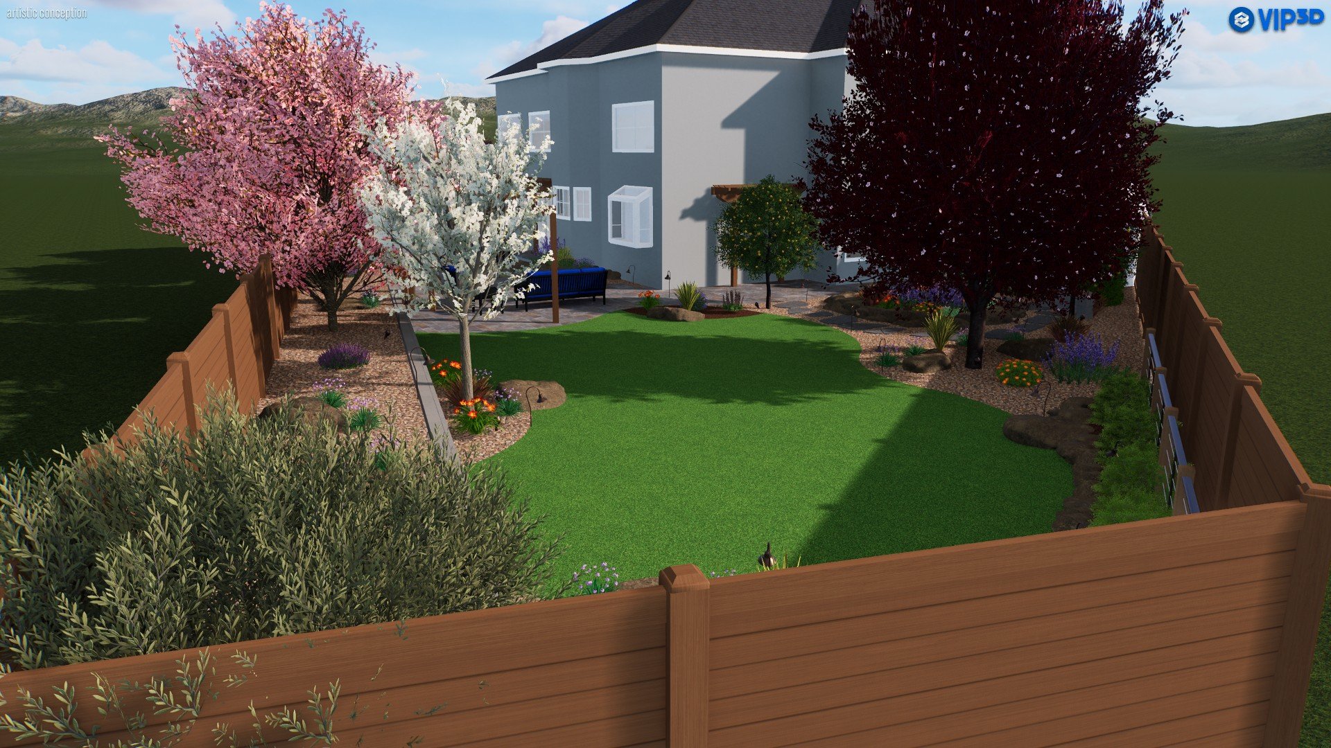 View of a backyard garden with green lawn, blooming trees with pink, white, and dark red leaves, various flowers, and a house in the background, enclosed by a wooden fence.