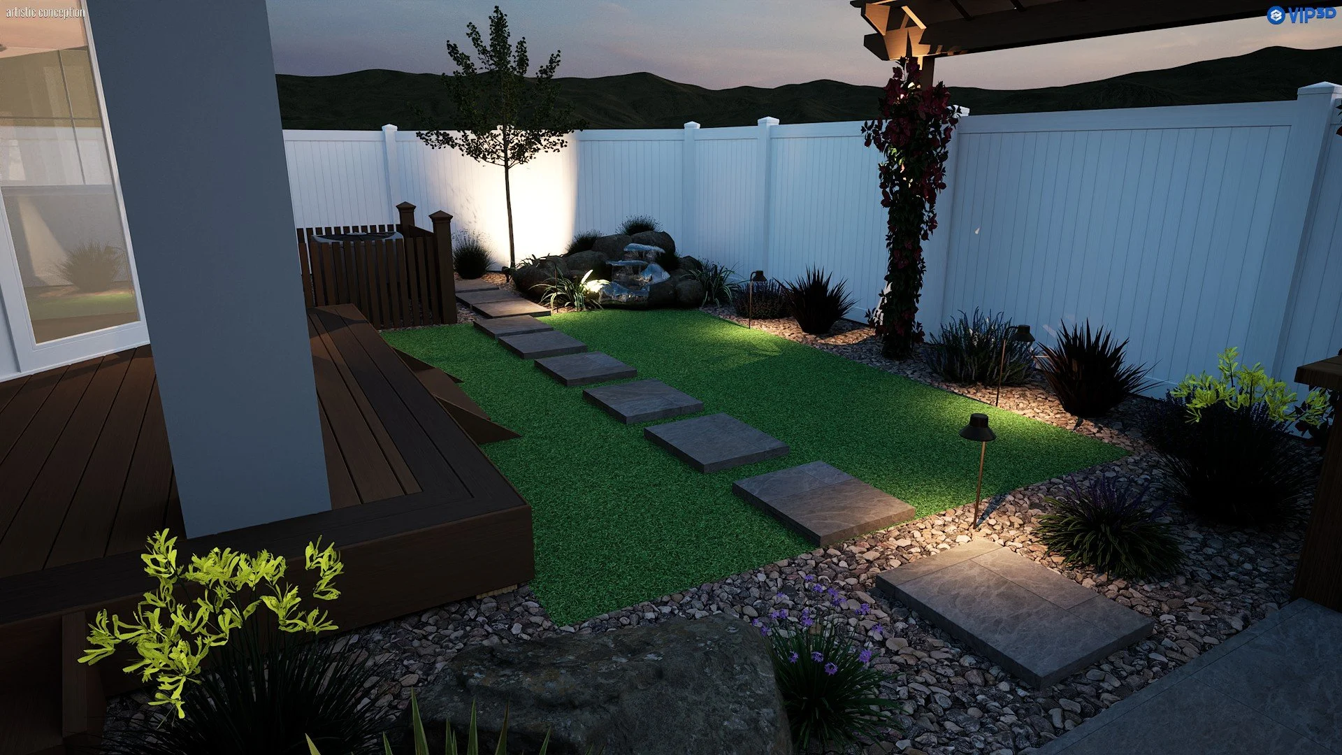 Nighttime townhome backyard rendering with lighting, patio area, and clean modern landscape layout