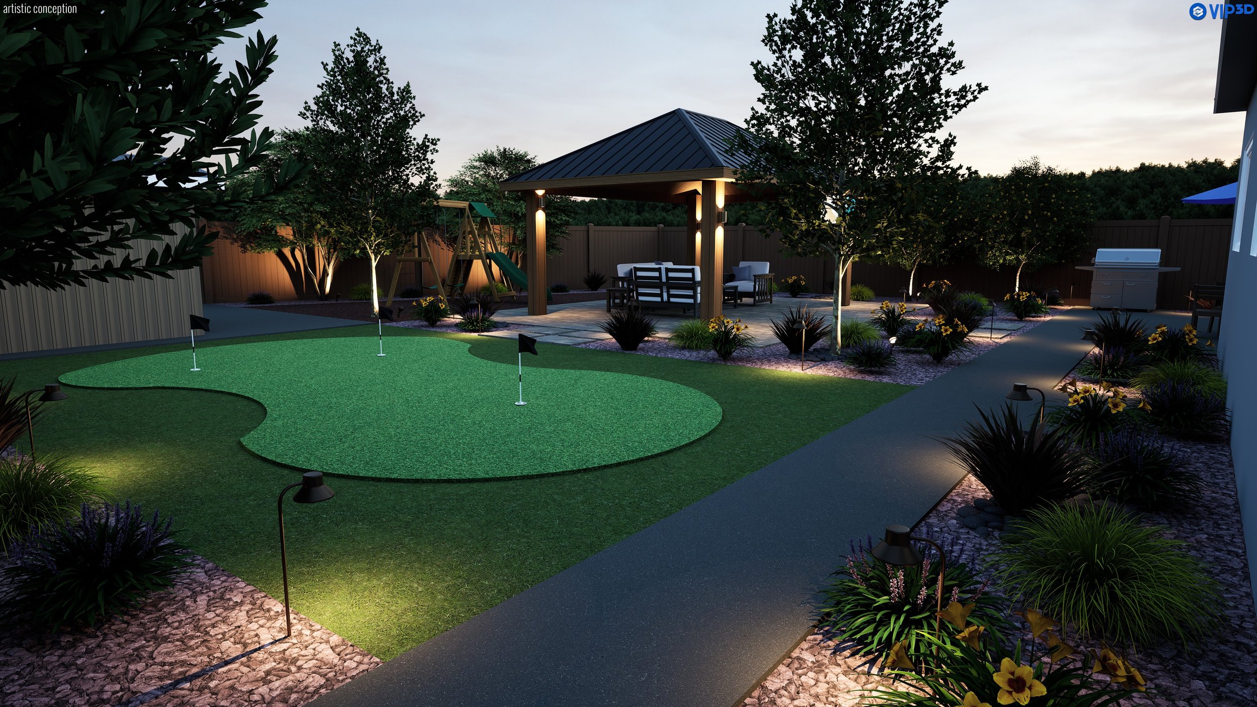 Nighttime backyard with a miniature golf course, illuminated pathway, trees, a gazebo with seating, a swingset, a grill, and landscaping with flowers and shrubs.