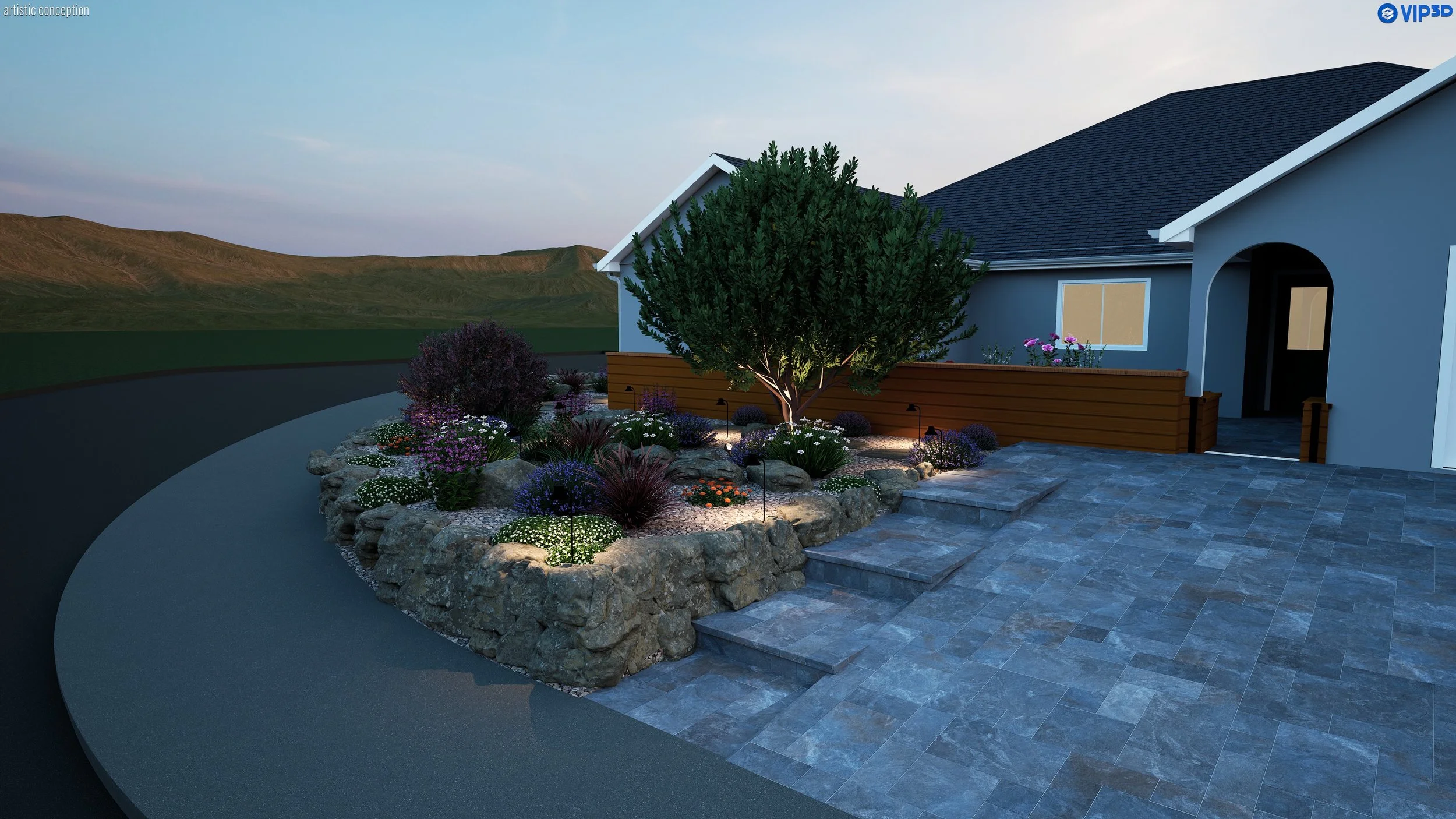 Nighttime view of a modern house with a landscaped front yard featuring a large tree and garden flowers, with a mountain landscape in the background and pathway leading to the entrance.