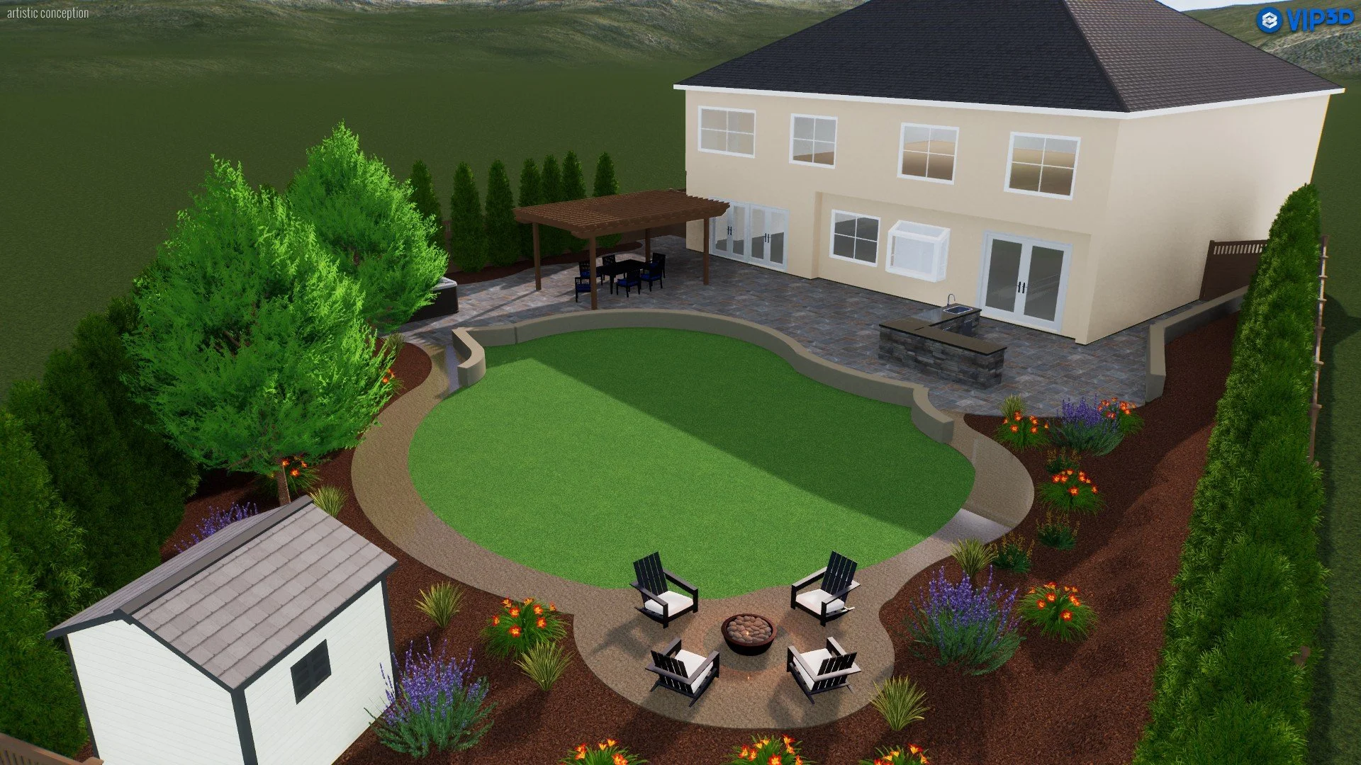 A backyard with a two-story house, a patio area with a pergola, a fire pit surrounded by chairs, a small storage shed, and colorful plants and trees.