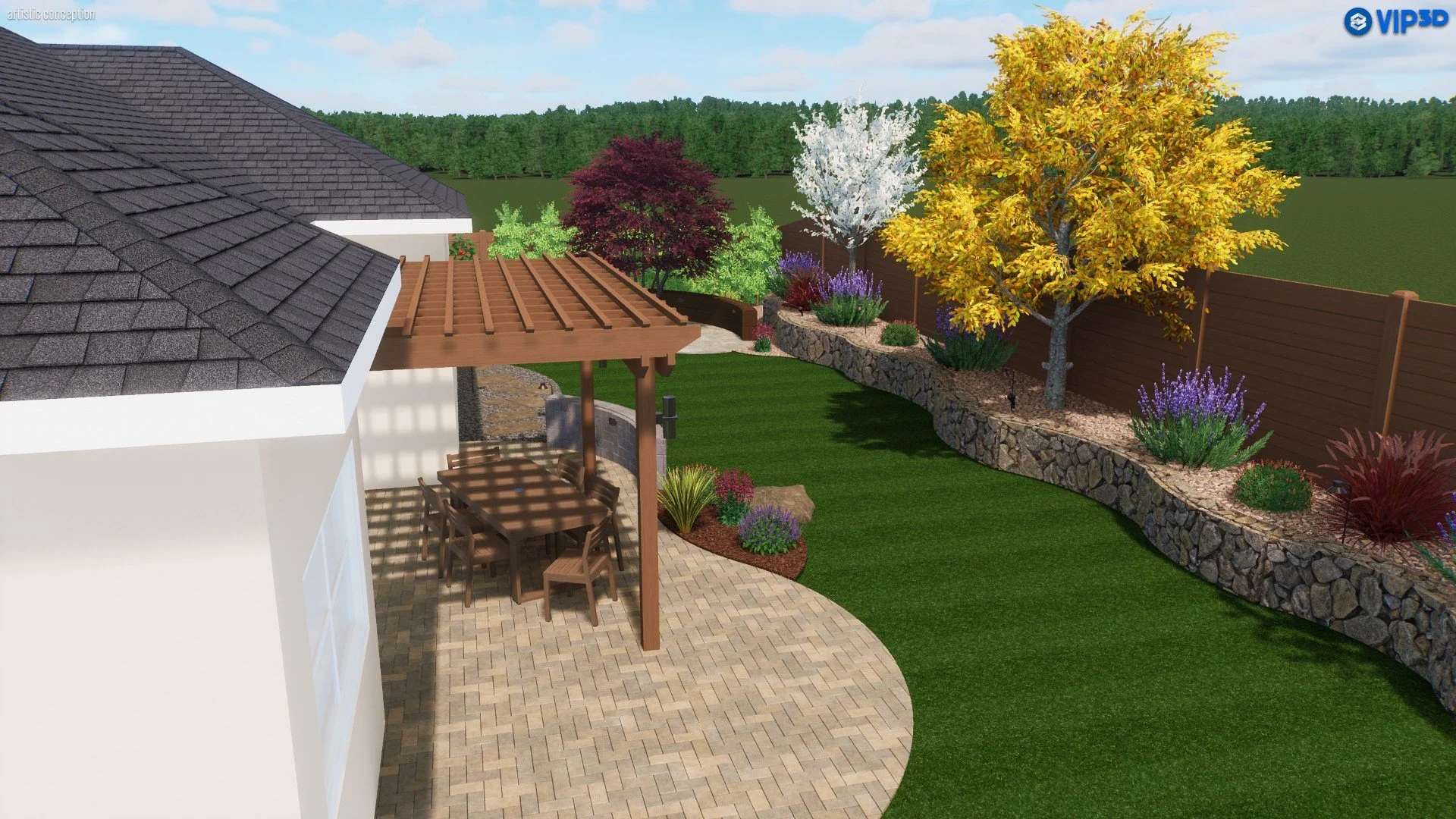 A backyard with a stone patio, a white house with black roof shingles, a wooden pergola with outdoor furniture, a manicured lawn, colorful trees with autumn foliage, a stone retaining wall with various plants, and a wooden privacy fence with a wooded
