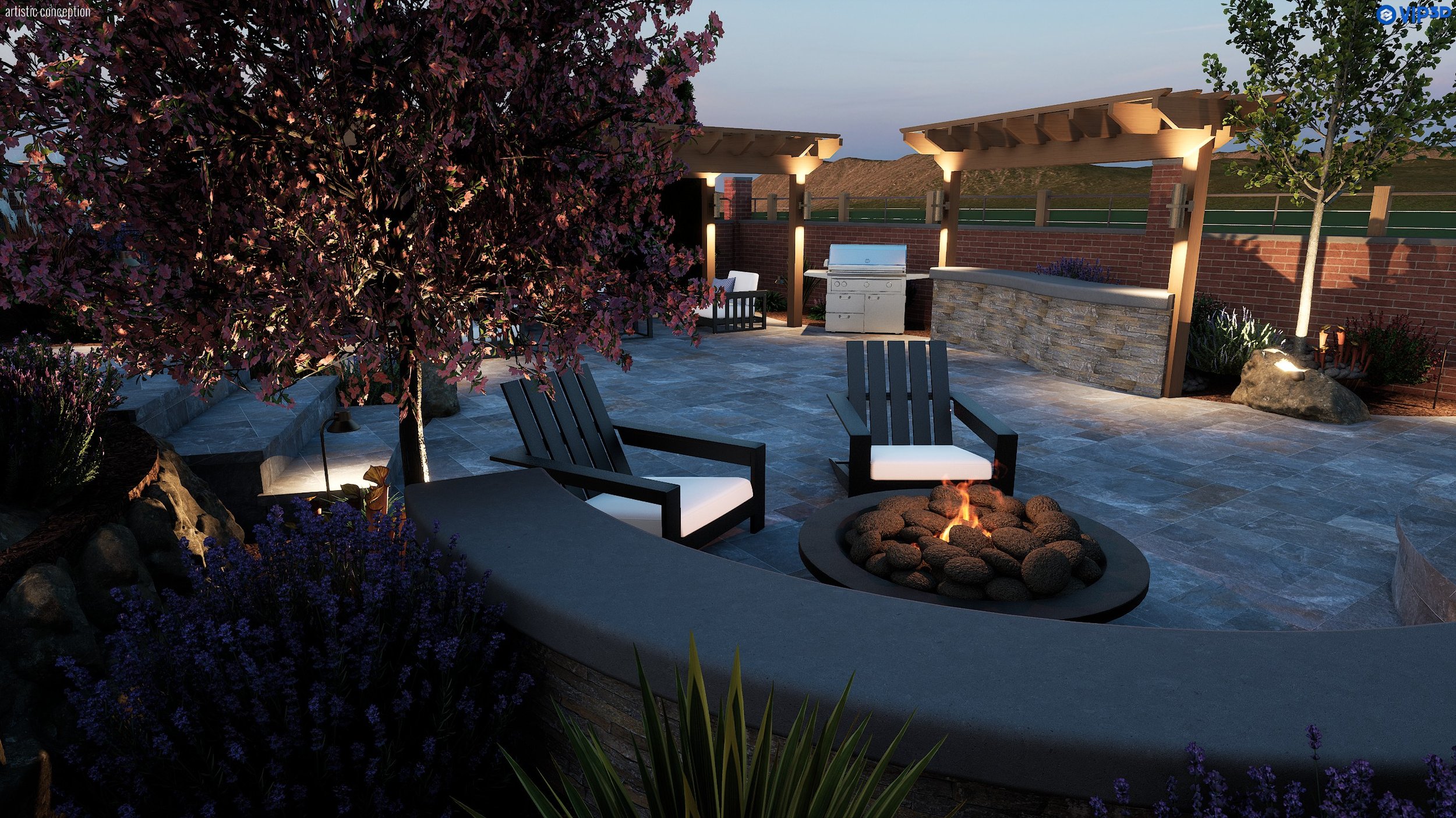 A modern backyard patio at dusk with a fire pit, two black chairs with white cushions, a blooming pink tree on the left, a barbecue grill, shaded pergolas, outdoor lighting, and landscaped plants including purple flowers and rocks.