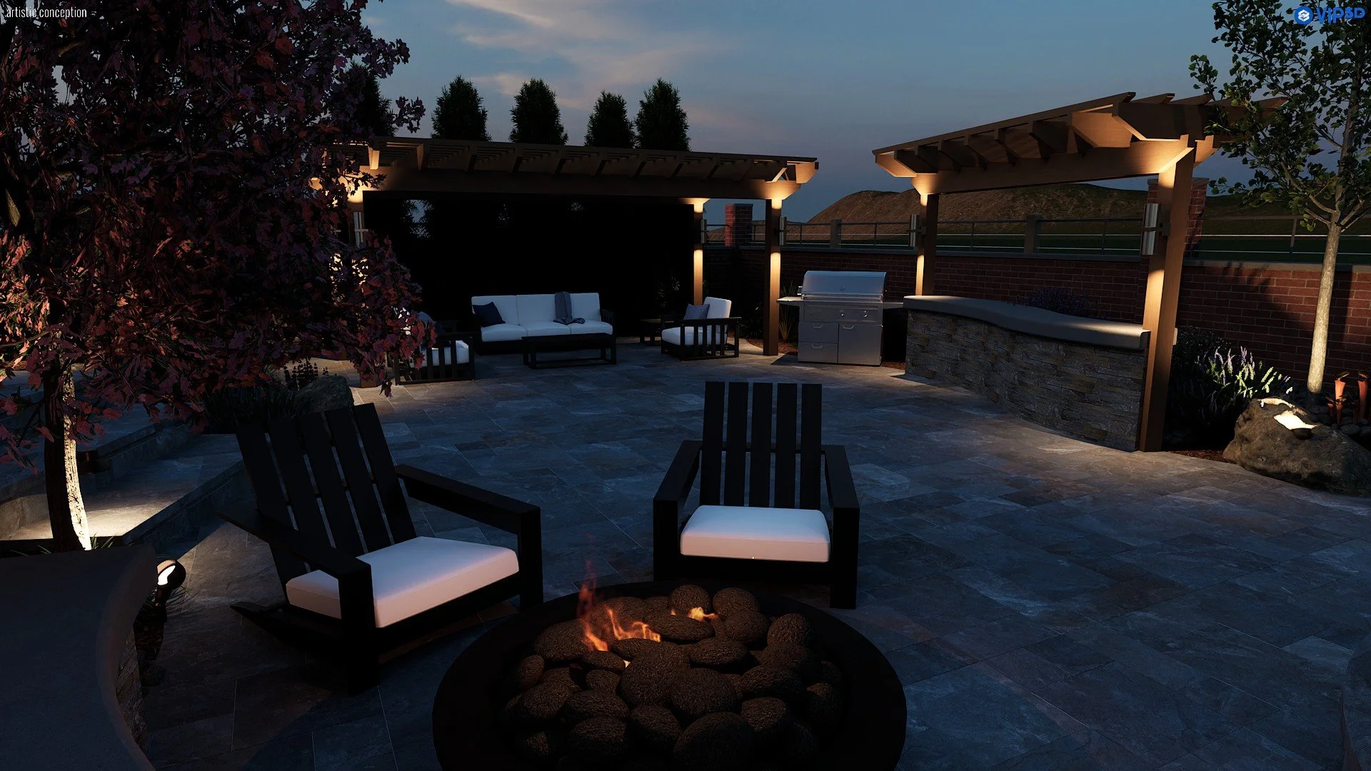 Outdoor patio area at dusk with a fire pit, black and white cushioned chairs, a seating area with a sofa and chairs, a built-in stone bar, a barbecue grill, trees, plants, and covered pergolas with soft lighting.