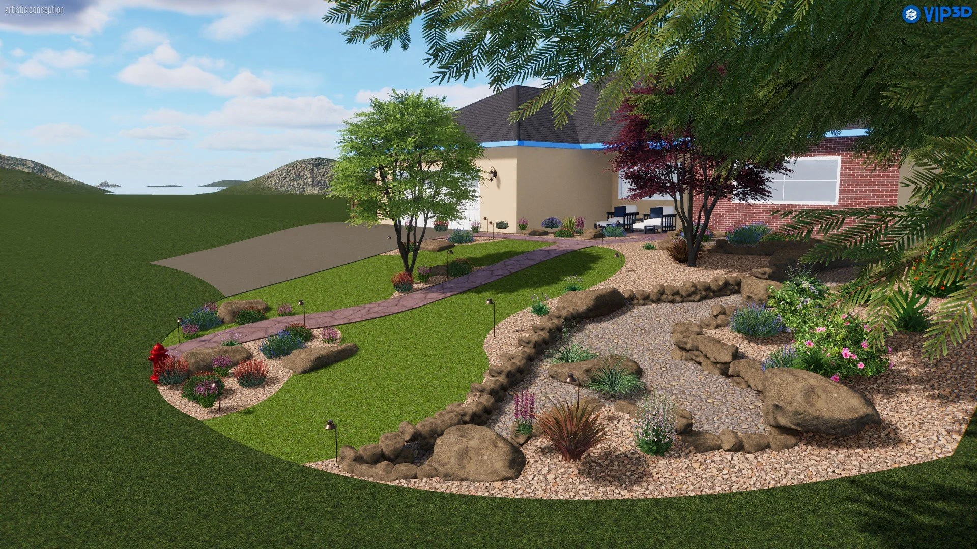 A landscaped backyard with a winding stone pathway, various trees and flowering plants, outdoor seating area, and hills in the background.