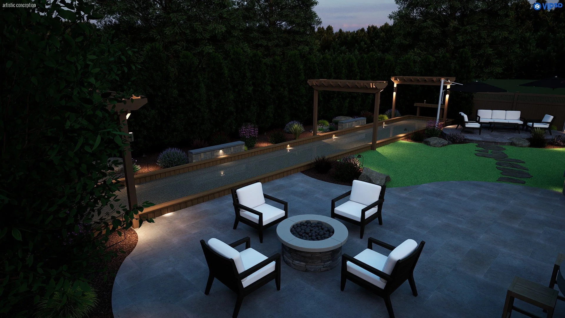 Castro Valley backyard design concept with synthetic turf, patio space, planting, and seating areas. 