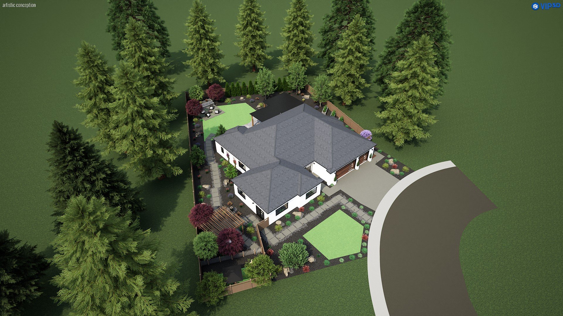 Aerial view of a modern house surrounded by trees and landscaped yard with pathways, garden beds, and outdoor seating areas, located at the end of a curved street.