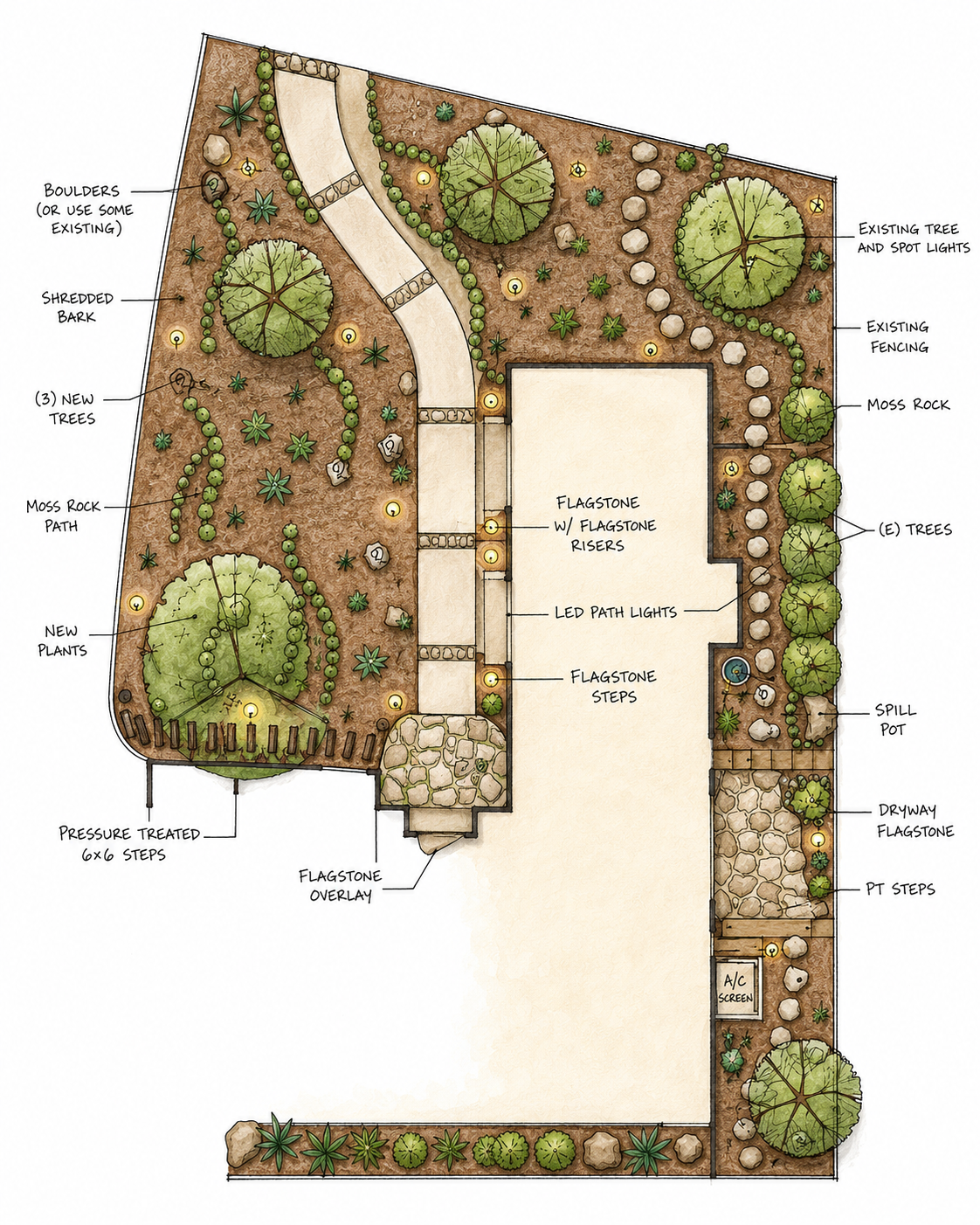 Landscape design plan showing pathways, trees, rocks, plants, lighting, a spill pot, dryway flagstone, steps, and other garden features.