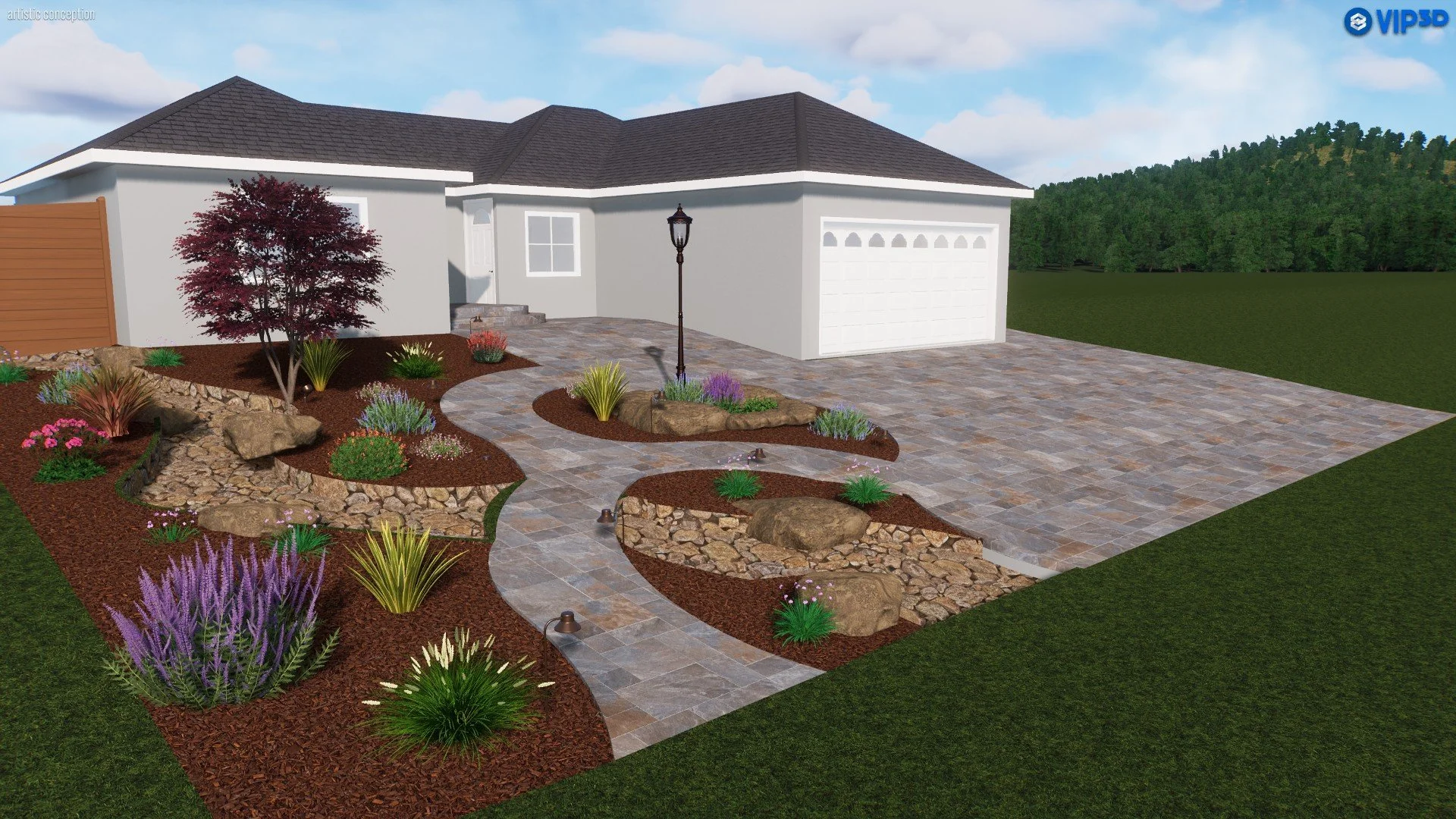 A modern front yard with landscaped garden beds, a winding stone pathway, colorful plants, rocks, and decorative lighting in front of a white house with a gray roof.