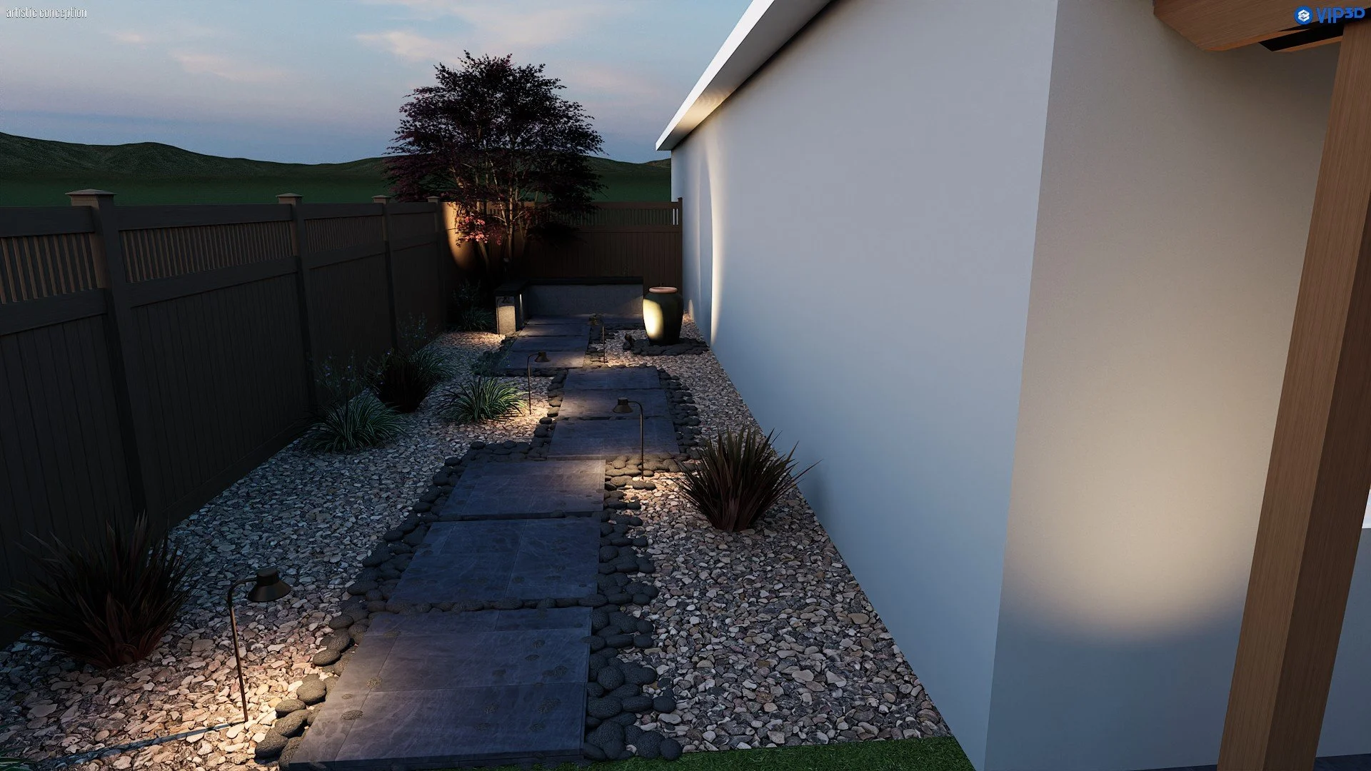 Night time pool design rendering with outdoor lighting, patio furniture, and backyard entertaining space. 