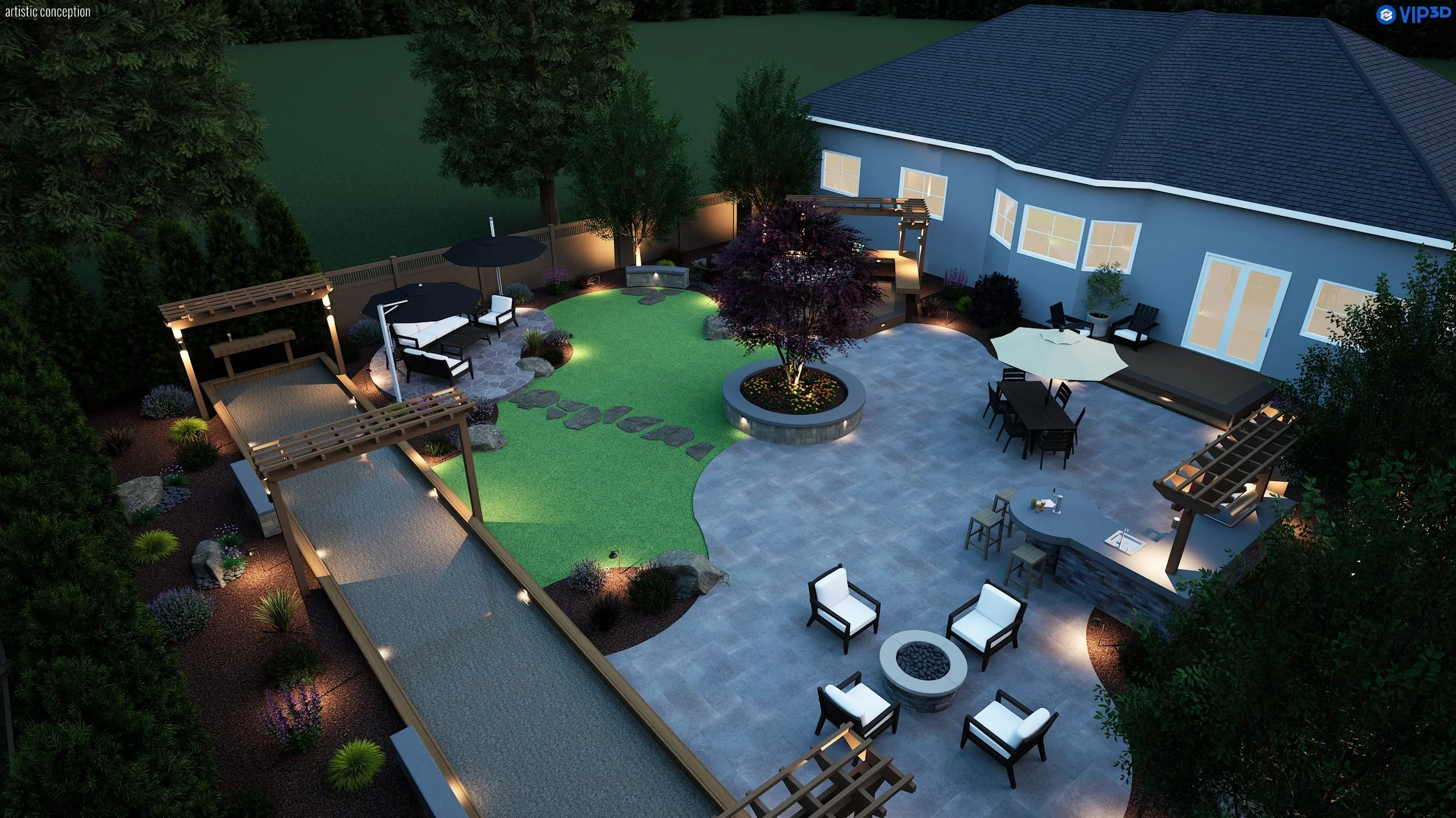 Castro Valley 3D backyard design with low-maintenance planting, decorative rock, and wood accents