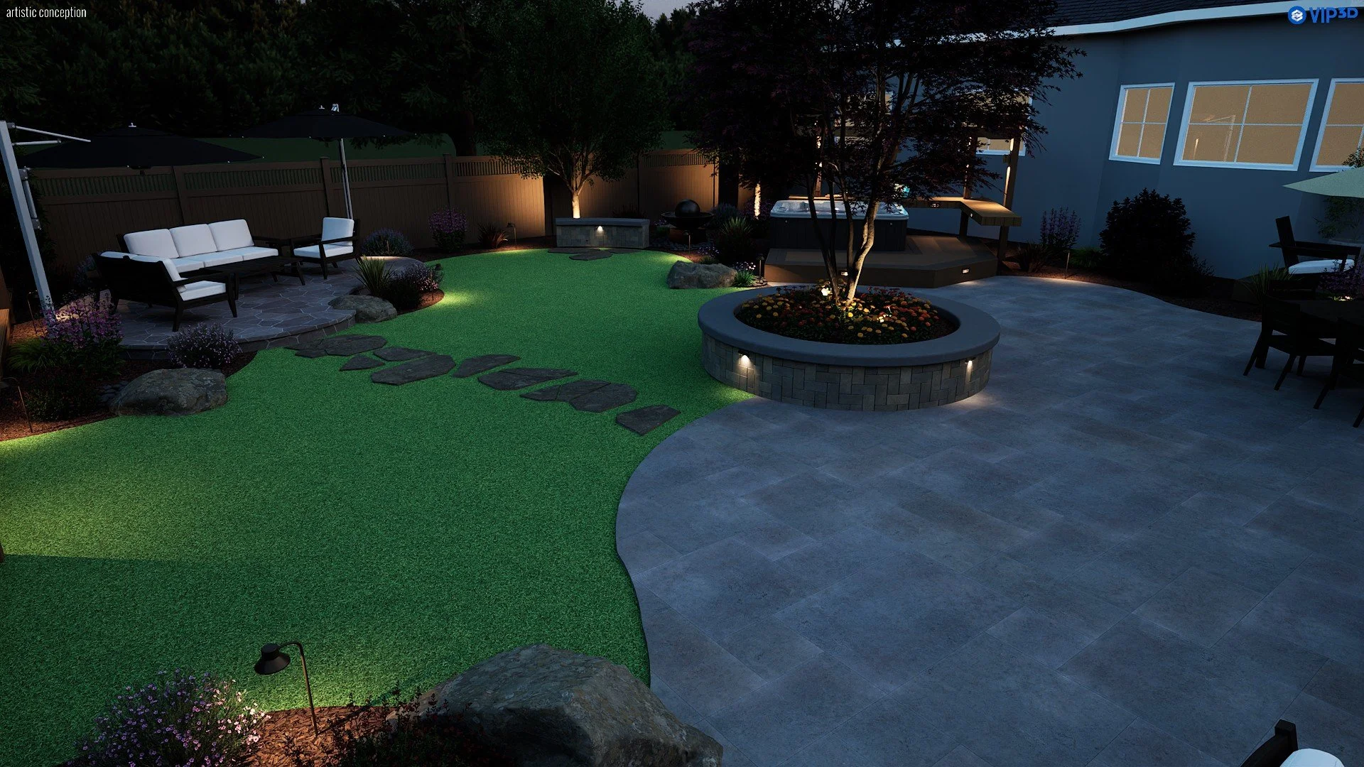 Night time backyard rendering with fire pit seating, turf, patio areas, and outdoor lighting. 