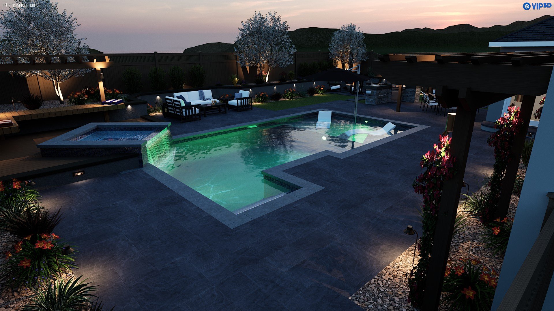 Night time pool design rendering with outdoor lighting, patio furniture, and backyard entertaining space