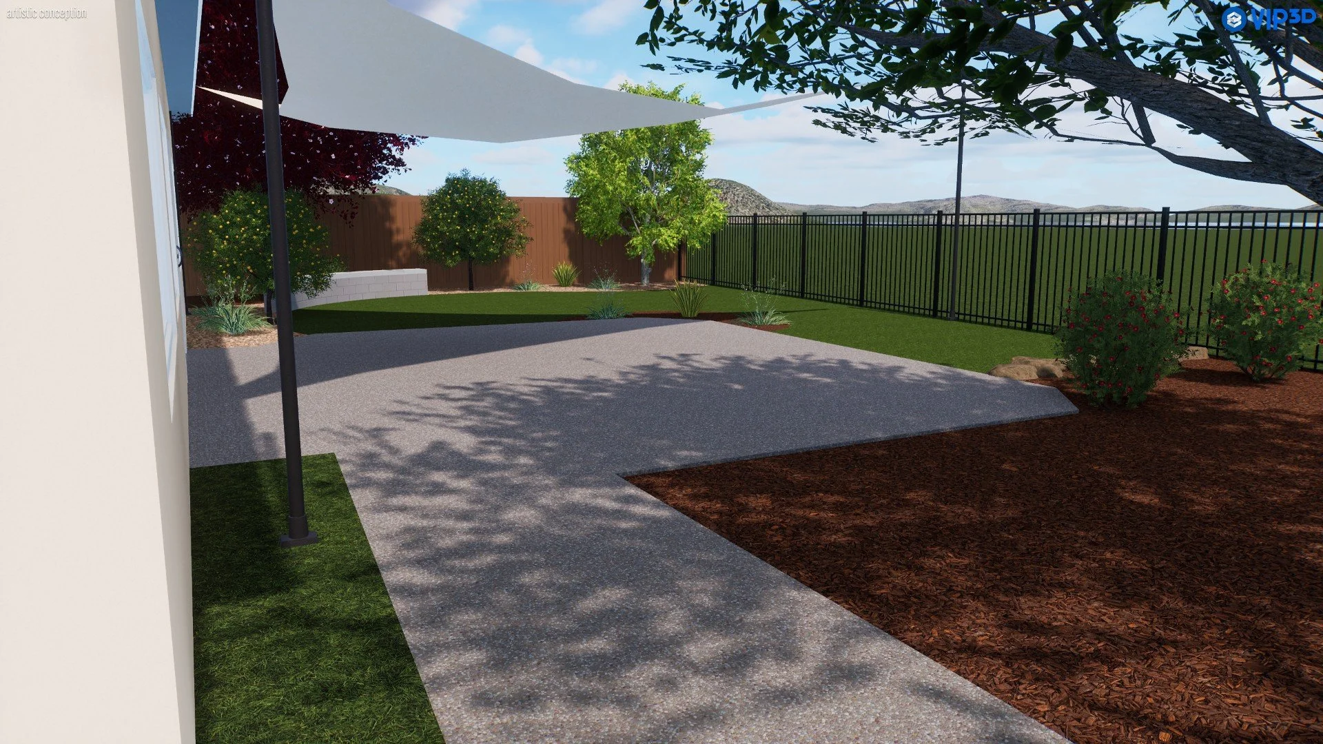Digital rendering of a backyard with a concrete patio, grassy areas, trees, shrubs, a black metal fence, and a shaded area with a large sail-like canopy.