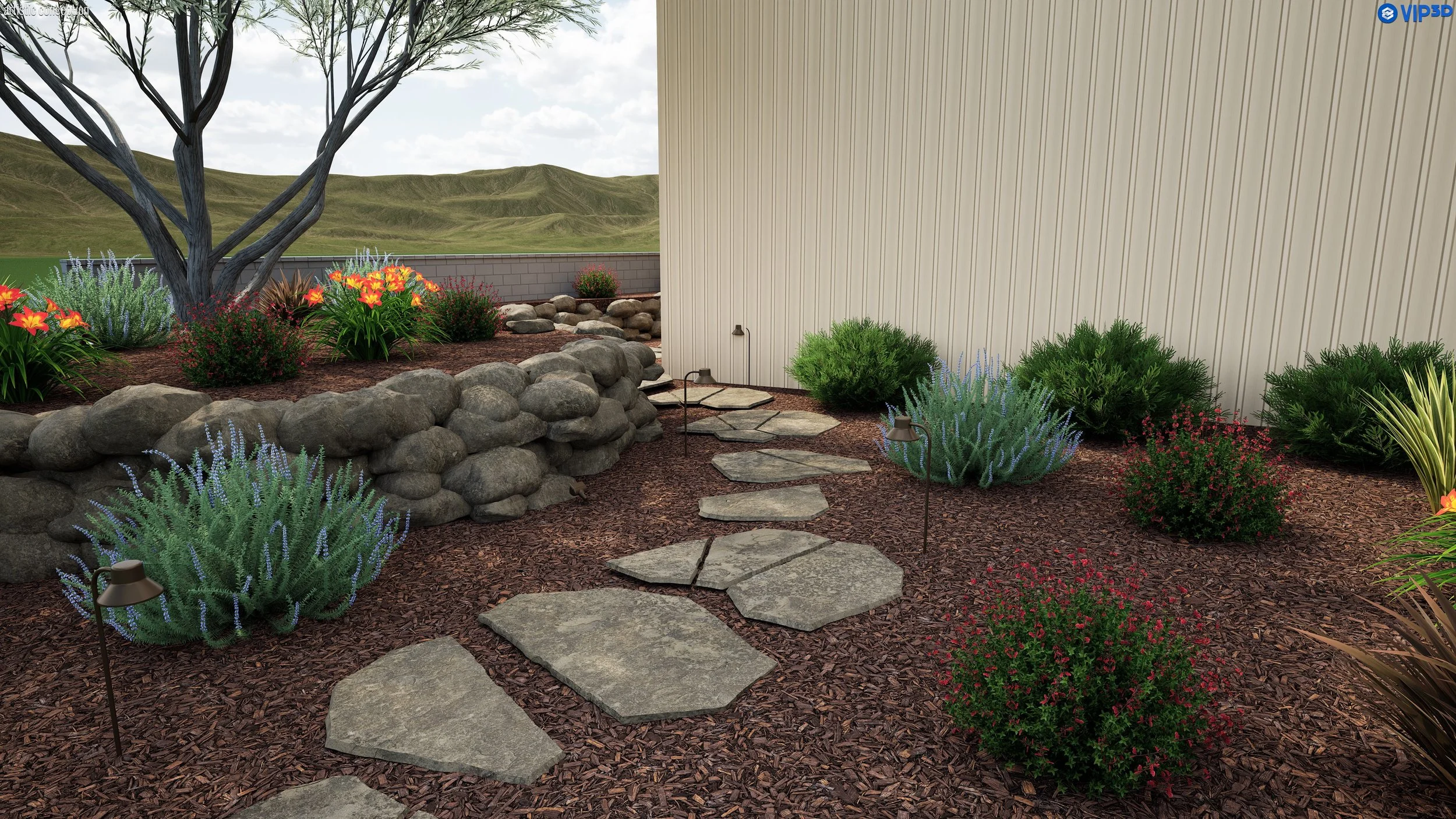 A landscaped backyard garden with a stone pathway, various green shrubs, and colorful flowers, next to a beige siding house, with a mountain view in the background.