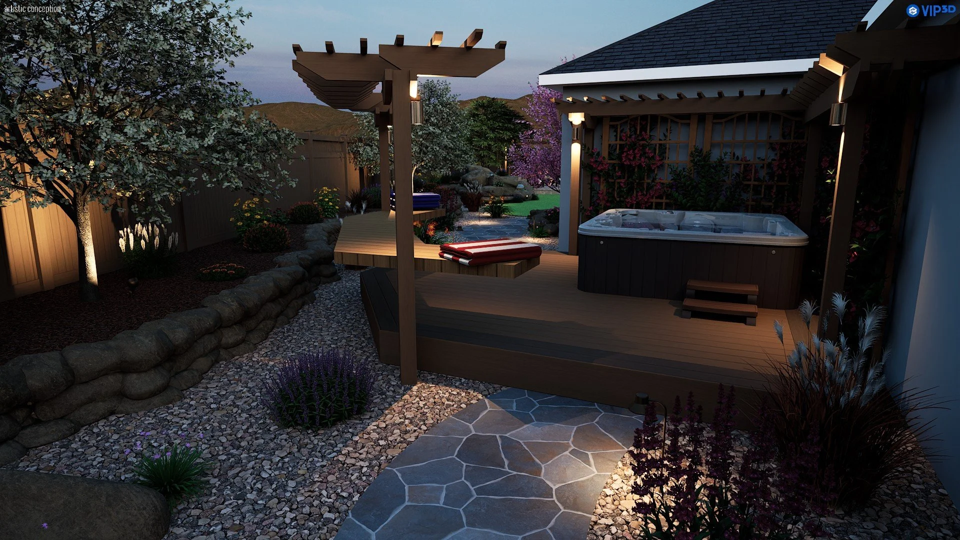 Night time 3D landscape rendering showing outdoor lighting, turf, patio, and seating area.