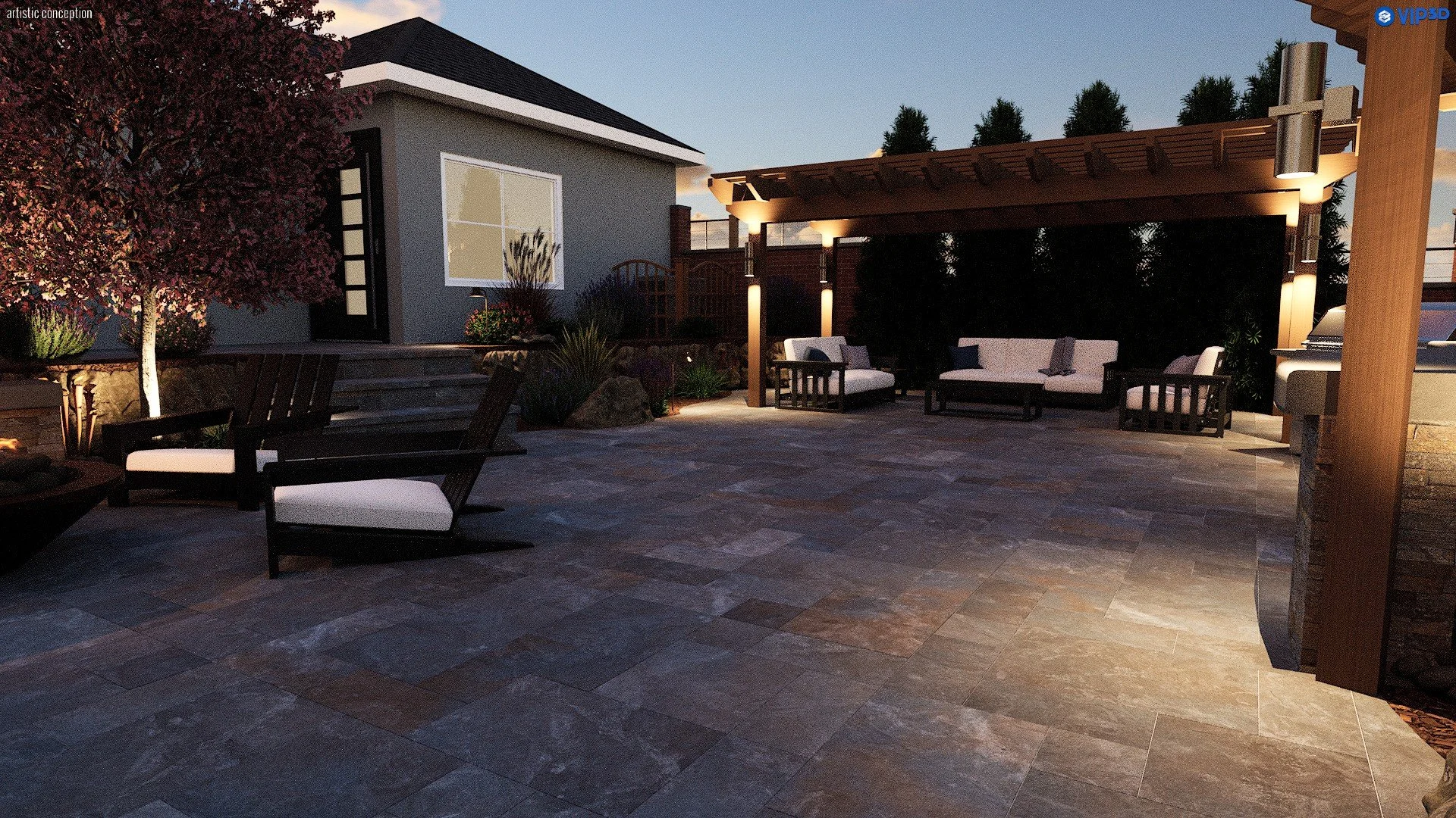 A backyard patio during dusk featuring outdoor furniture, a pergola with lights, a small house, and landscaped plants.