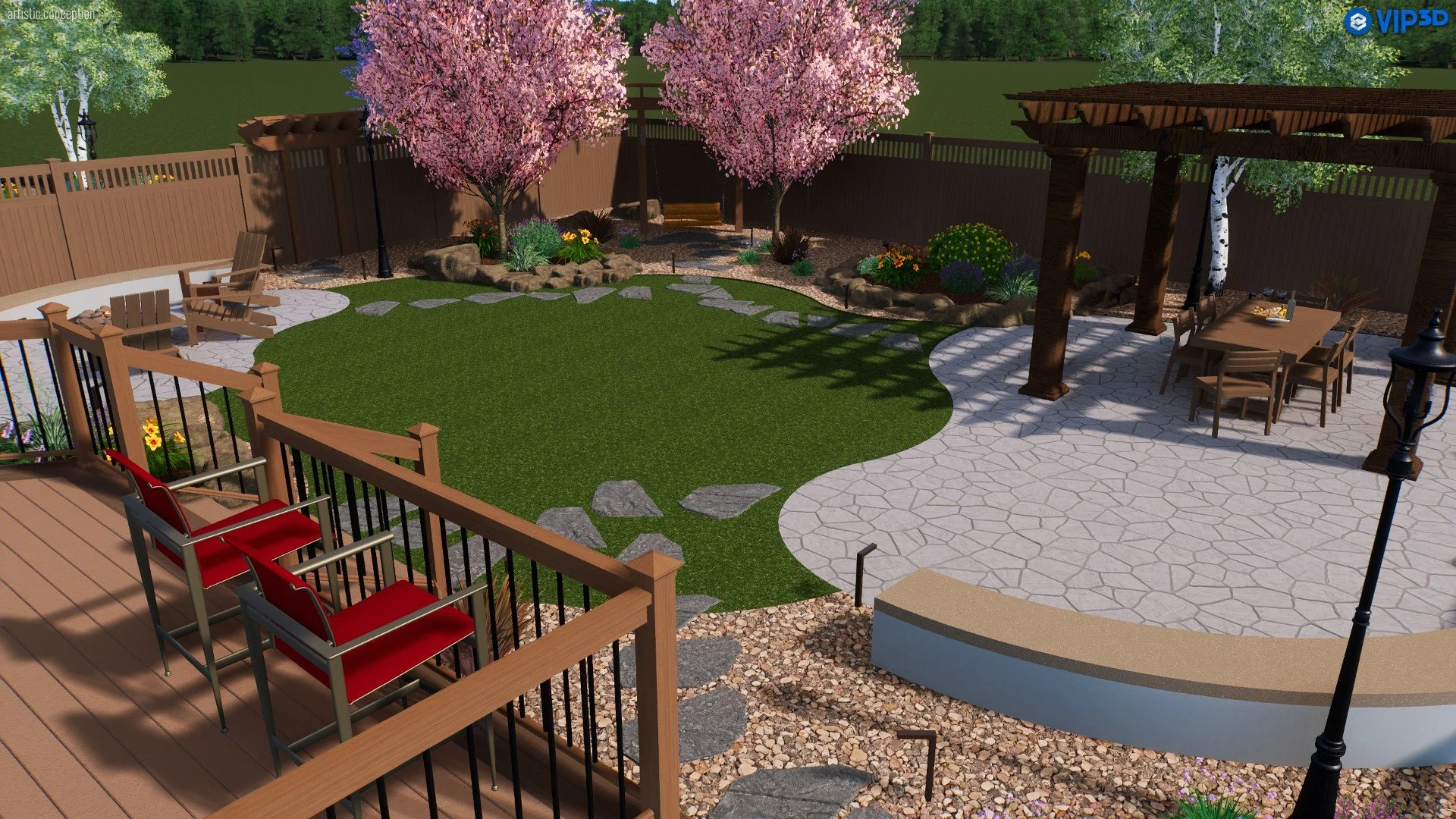 A backyard garden patio with a lawn, stone pathway, pink blossoming trees, a wooden pergola with table and chairs, a deck with red and wooden chairs, and surrounding trees and fencing.