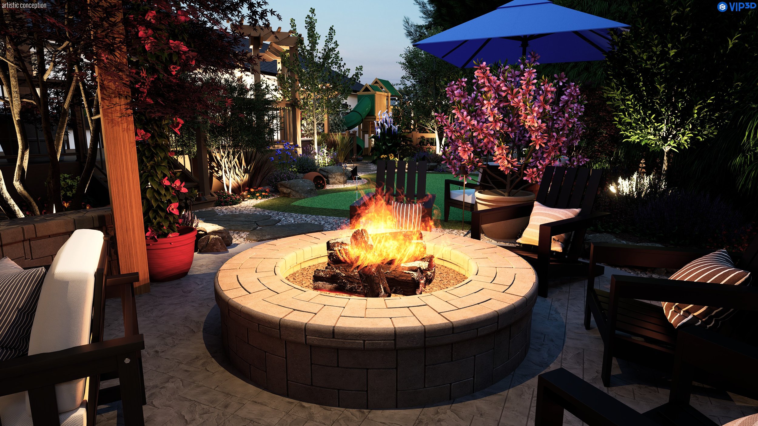 An outdoor backyard with a fire pit in the center, surrounded by chairs, with a blue umbrella and lush plants and trees, including pink and purple flowering plants, in a well-lit evening setting.