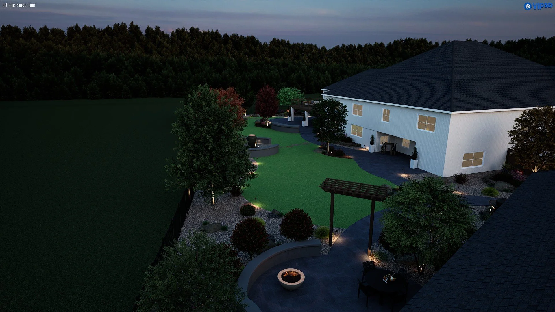 Nighttime estate landscape rendering with outdoor lighting, planting, and backyard entertaining space