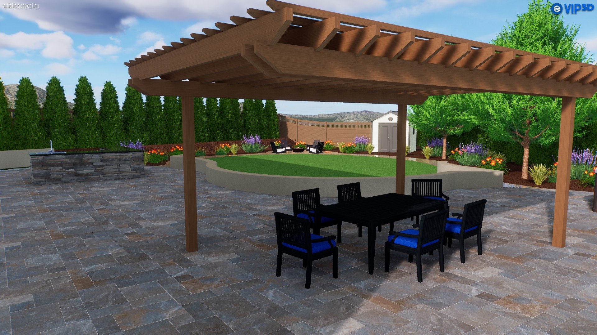 A backyard patio area with a wooden pergola, outdoor dining set with six chairs, a grassy in-ground fire pit area, flowers and trees, a stone outdoor kitchen with a sink, and a shed in the background.