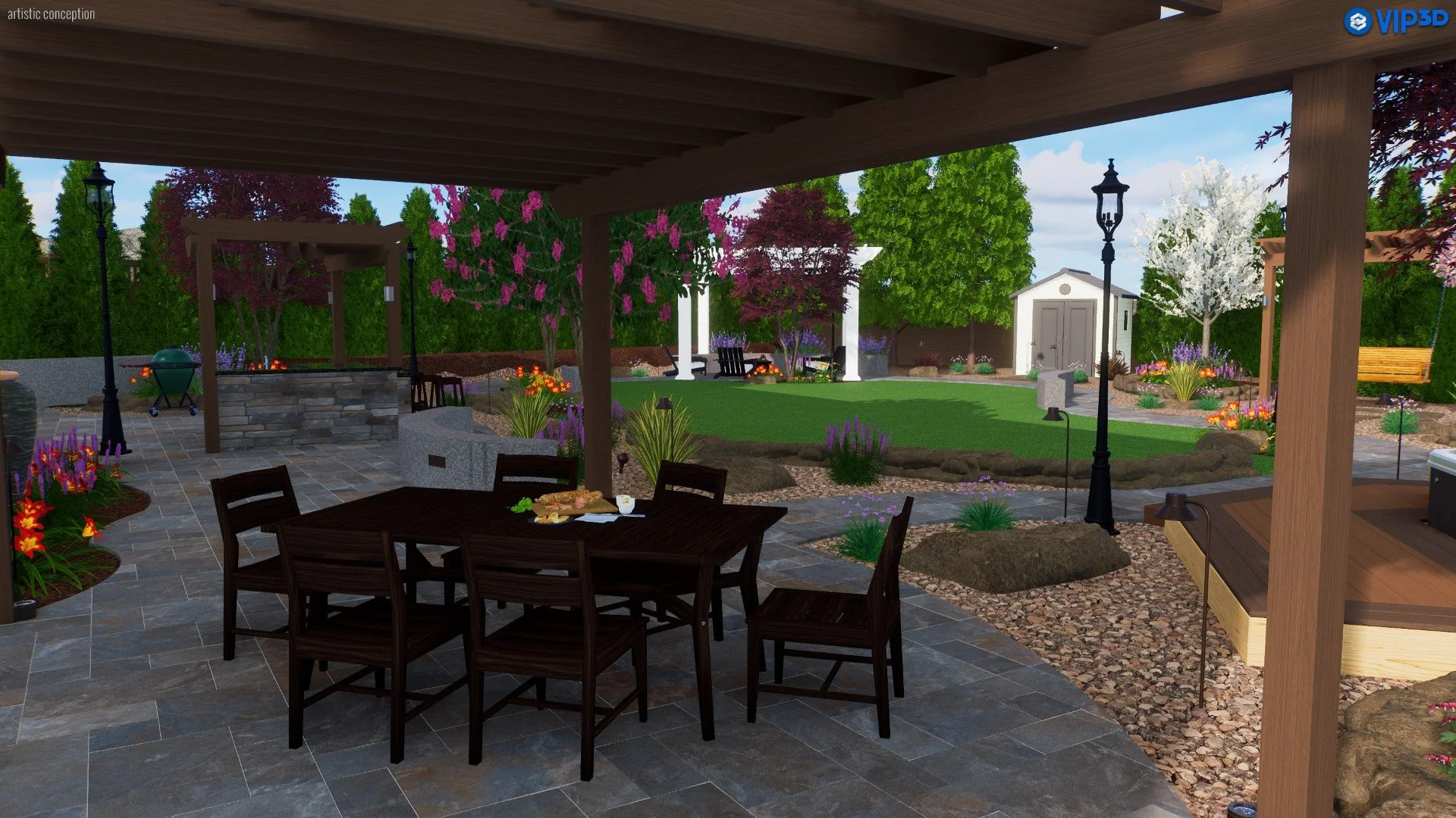 A colorful backyard garden with a covered patio area, a dining table with chairs, a well-maintained lawn, flower beds with various blooming plants, a small shed, and decorative lighting.
