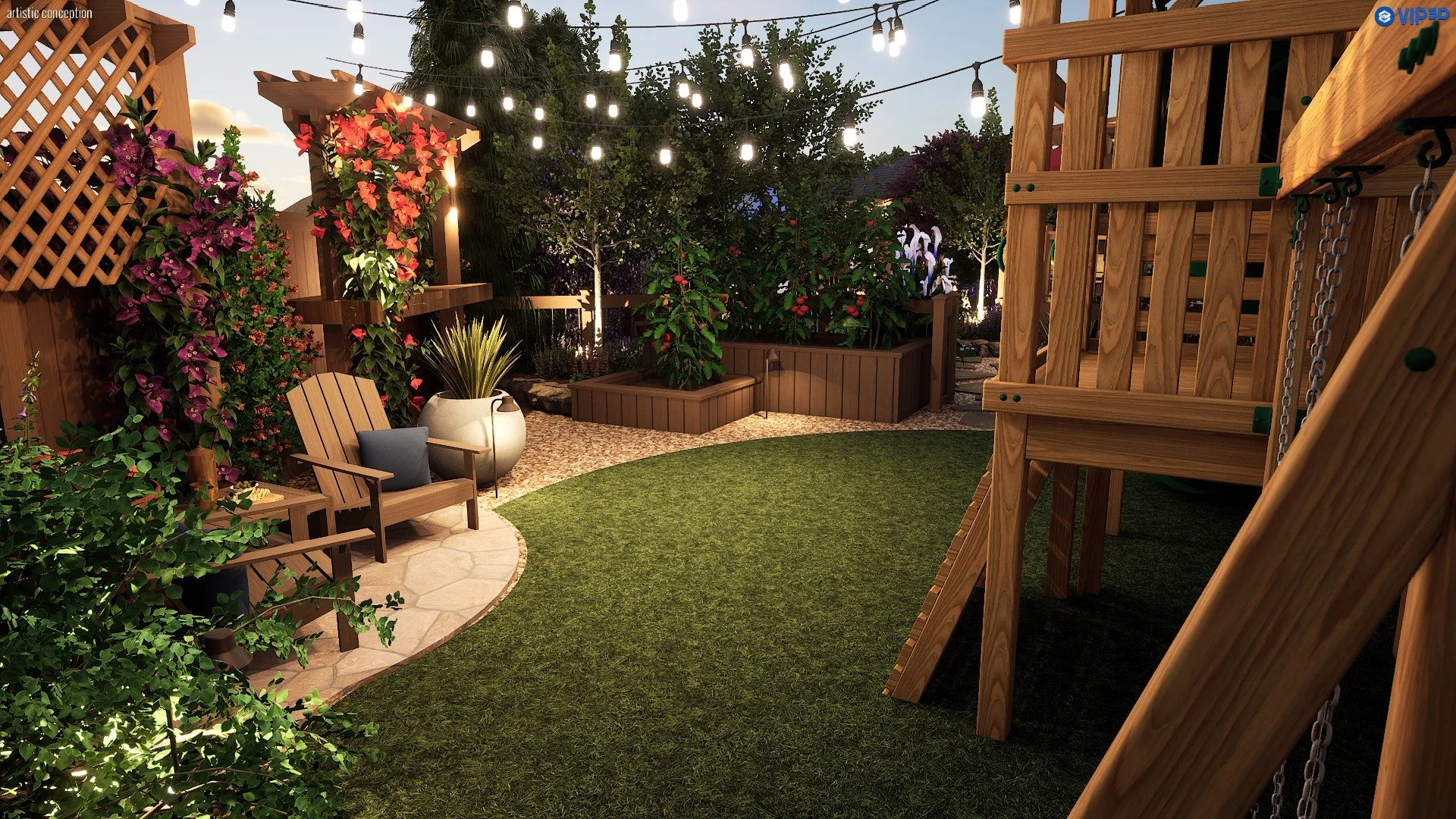 A cozy backyard garden area during evening with string lights hanging overhead, a wooden play structure on the right, a small artificial grass lawn, a wooden bench with a pillow and small table with a plant, surrounded by flowering bushes, trees, and decorative planters.