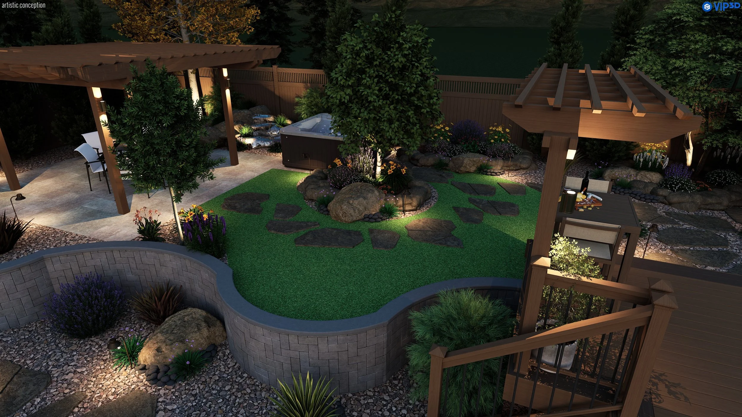 Dublin 3D backyard design concept with water-conscious landscaping and outdoor entertaining space. 