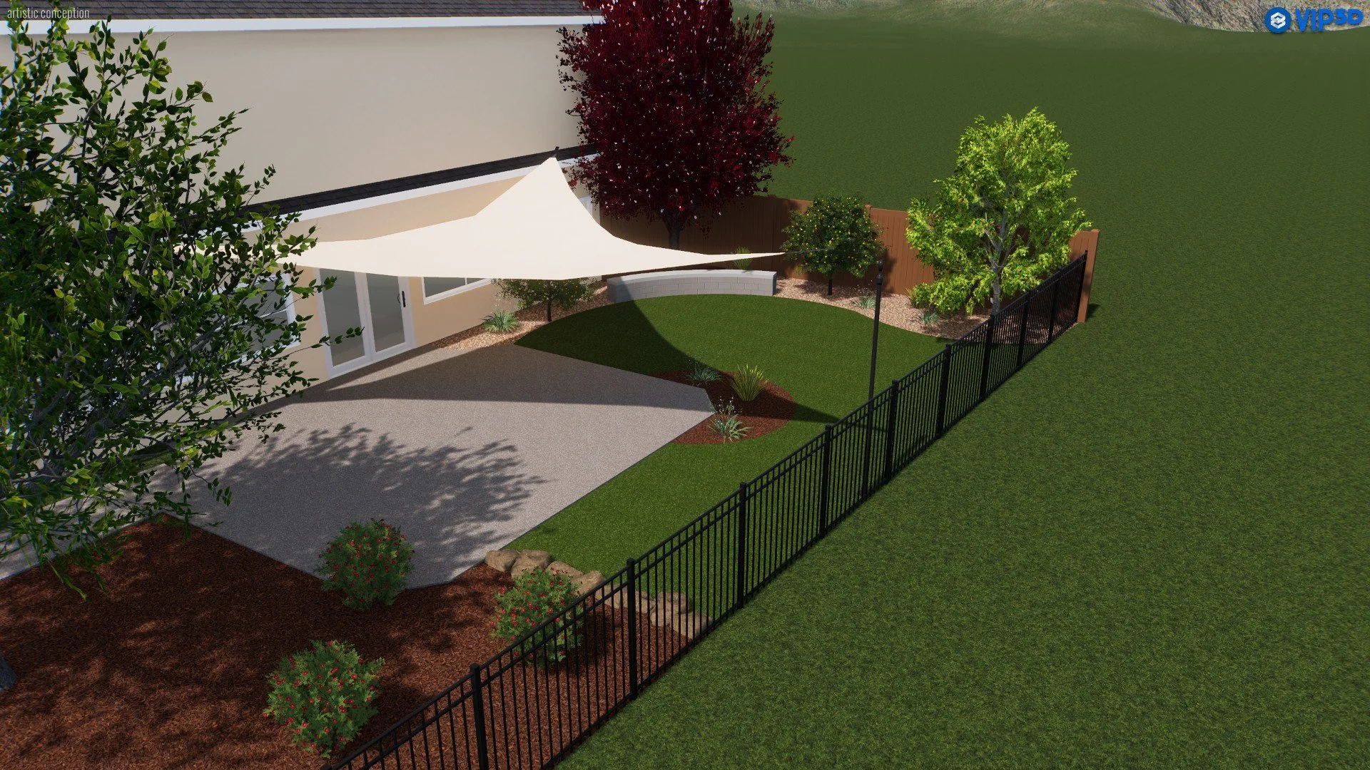 A backyard patio with an umbrella, surrounded by trees, shrubs, and a black metal fence, with a concrete patio and a grassy lawn.