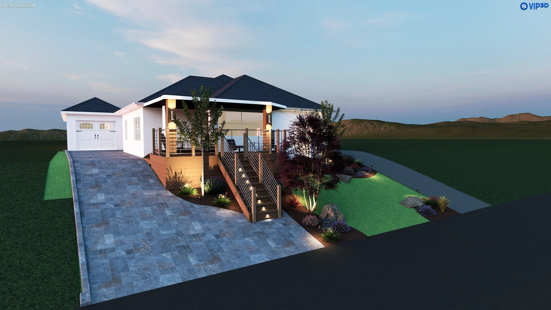 Rendering of a modern house with a landscaped front yard, stone walkway, front porch with stairs, and decorative plants, under a evening sky.