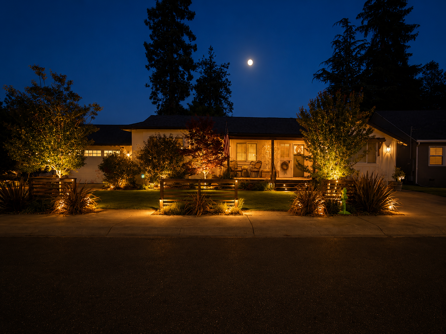 A cozy house with exterior lights illuminating the front yard at night. The house has a porch with two chairs and an American flag, surrounded by landscaped bushes and trees. The night sky is dark with a bright moon visible.