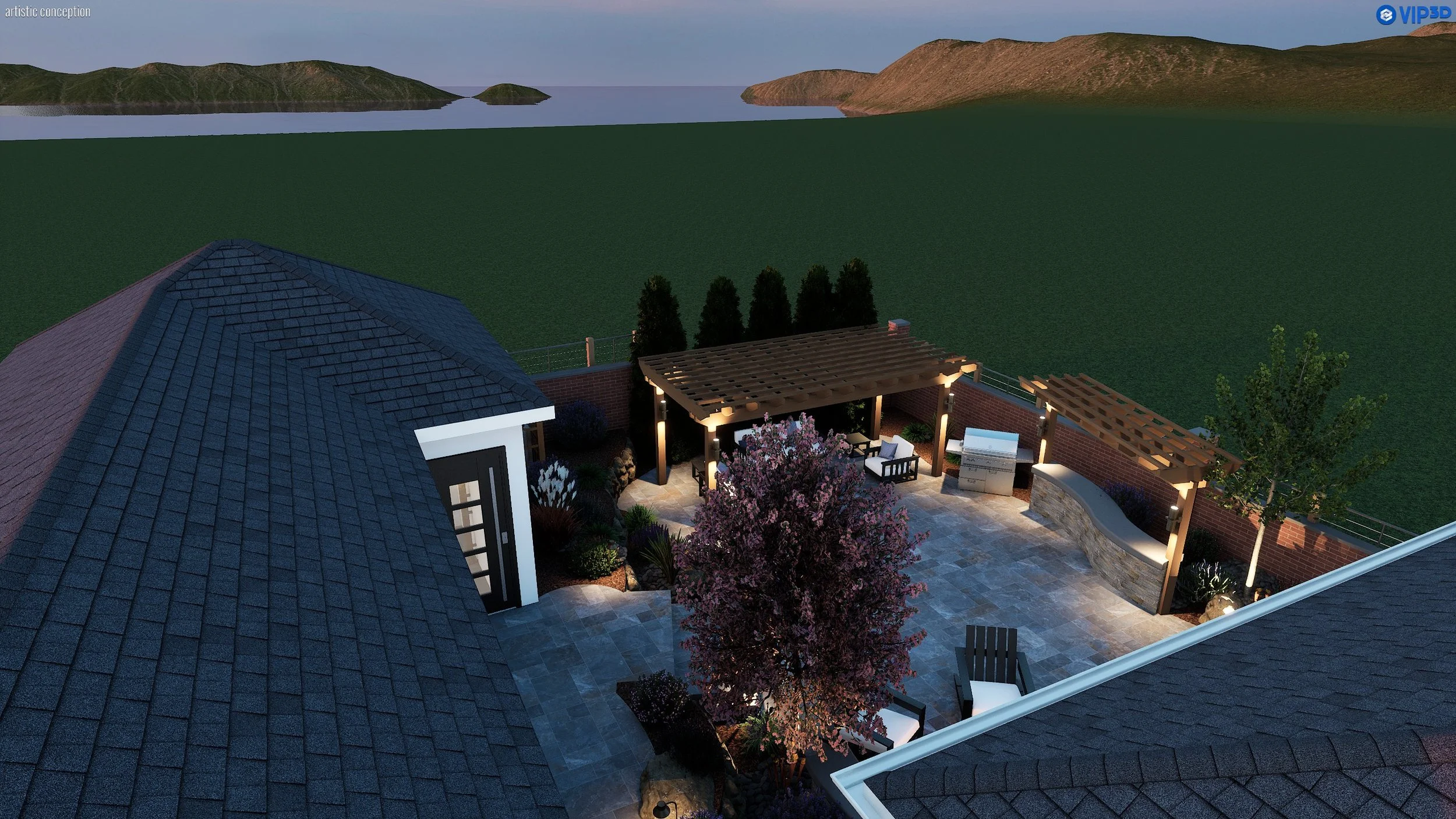 A backyard patio area at dusk with outdoor furniture, a barbecue grill, and flowering trees, surrounded by a low brick wall and overlooking a grassy field and bodies of water with hills in the distance.