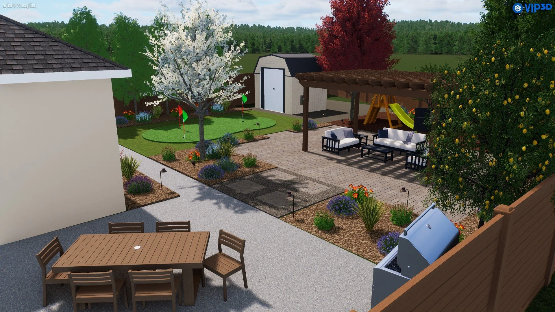 A backyard with a patio area featuring outdoor furniture, a barbecue grill, and a shaded sitting area with white cushions. There is a small putting green with flags, a shed, a swing set, and various flowering plants and trees, including a blooming wh