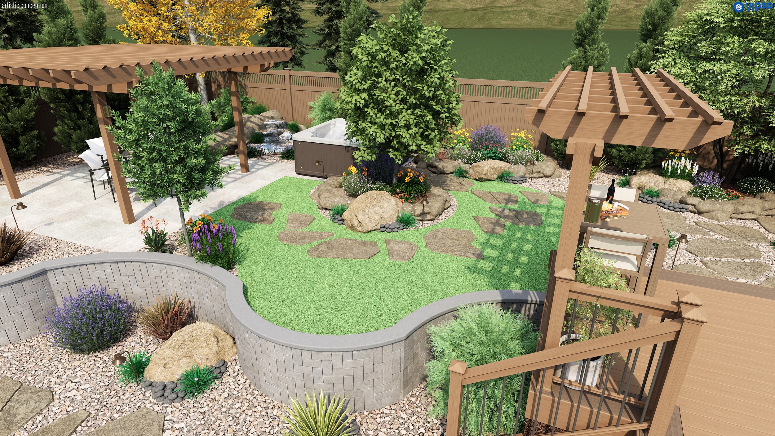 Dublin, CA drought-tolerant 3D landscape design with synthetic turf, decorative rock, planting, patio space, seating, water feature, and landscape lighting