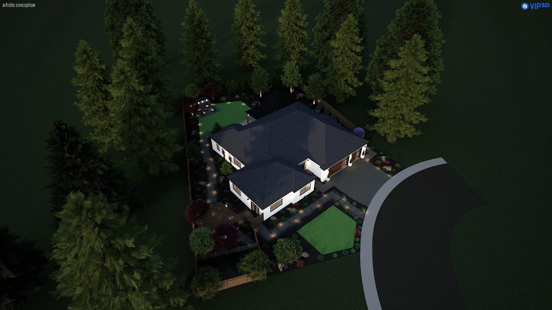 A nighttime aerial view of a modern house surrounded by tall trees and landscaped yard, with exterior lighting highlighting the pathways and garden areas.
