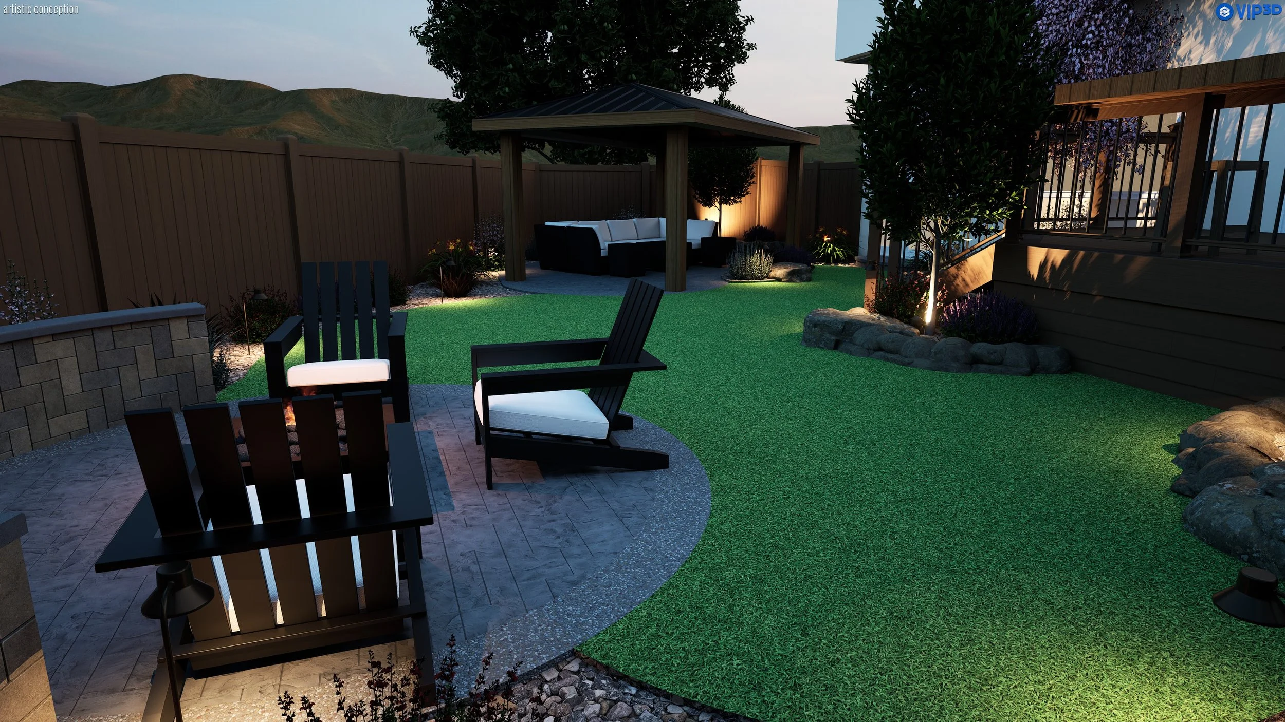 A backyard garden with a round rock border, outdoor seating including a lounge chair and a circular fire pit, a pergola with outdoor furniture, a wooden fence, trees, and landscape mountains in the background, illuminated by outdoor lighting during e