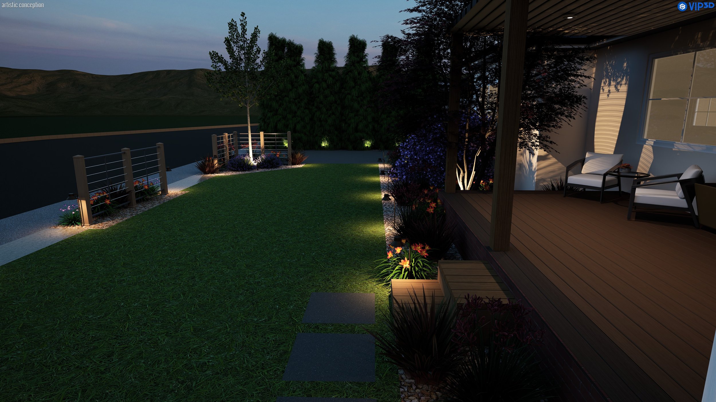 Night view of a backyard with a grassy lawn, pathway, tall trees, shrubs, and a patio with outdoor chairs and plants, illuminated by garden lights.