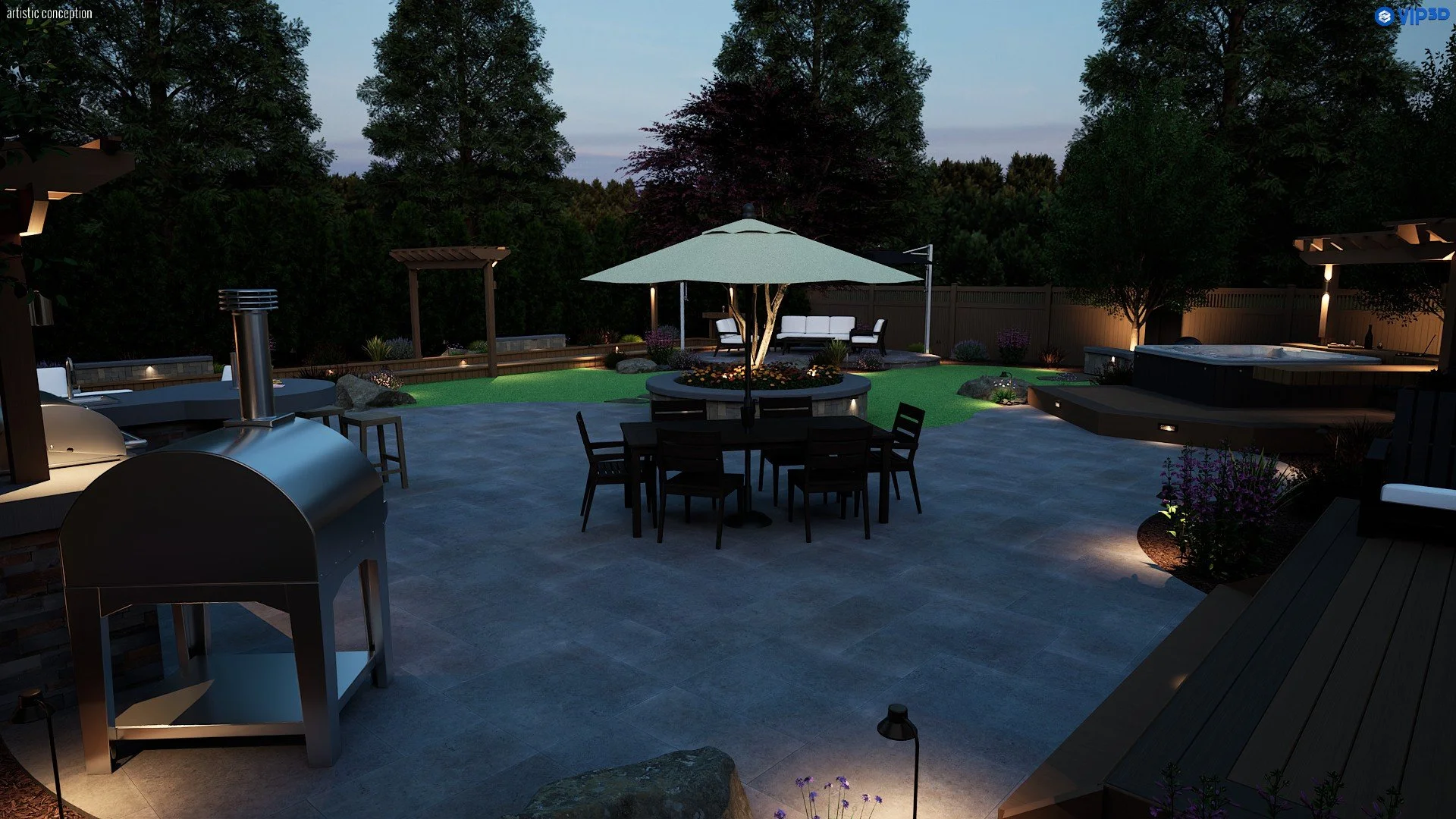 Night time backyard rendering with fire pit seating, turf, patio areas, and outdoor lighting.